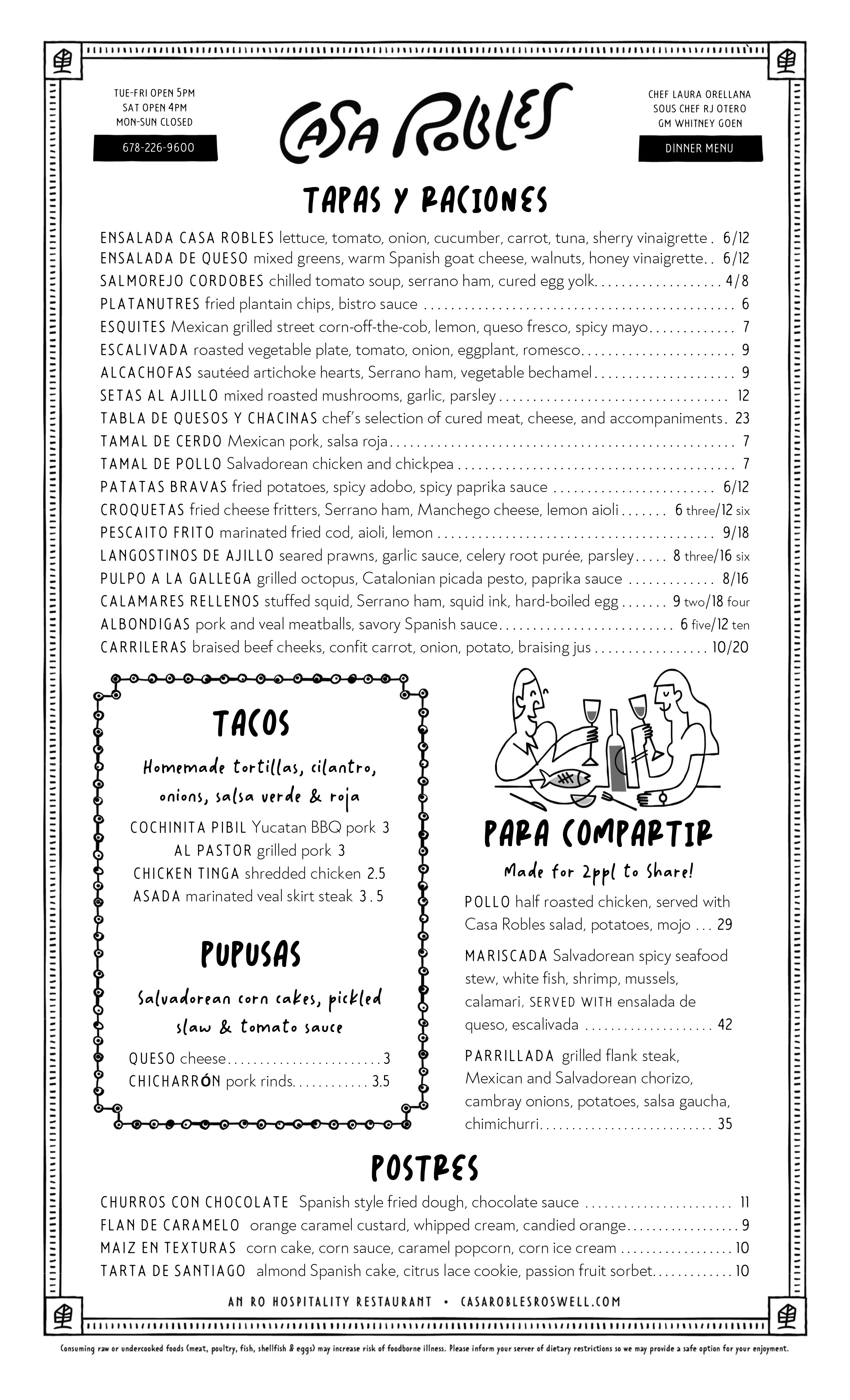 Casa Robles menu