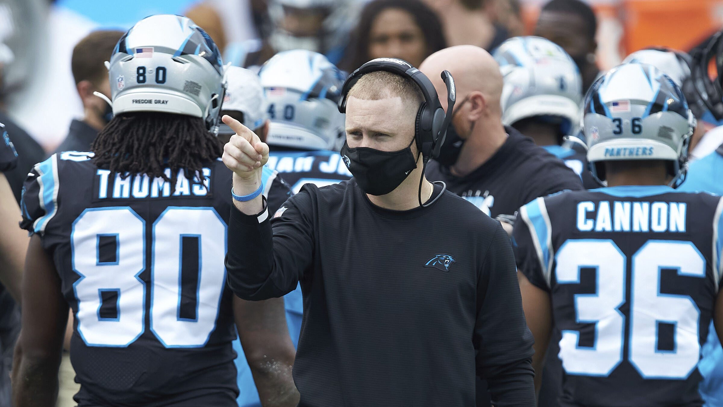 Carolina Panthers offensive coordinator Joe Brady watches from the sideline against the Detroit Lions, Sunday, Nov. 22, 2020, in Charlotte, N.C. (Brian Westerholt/AP)