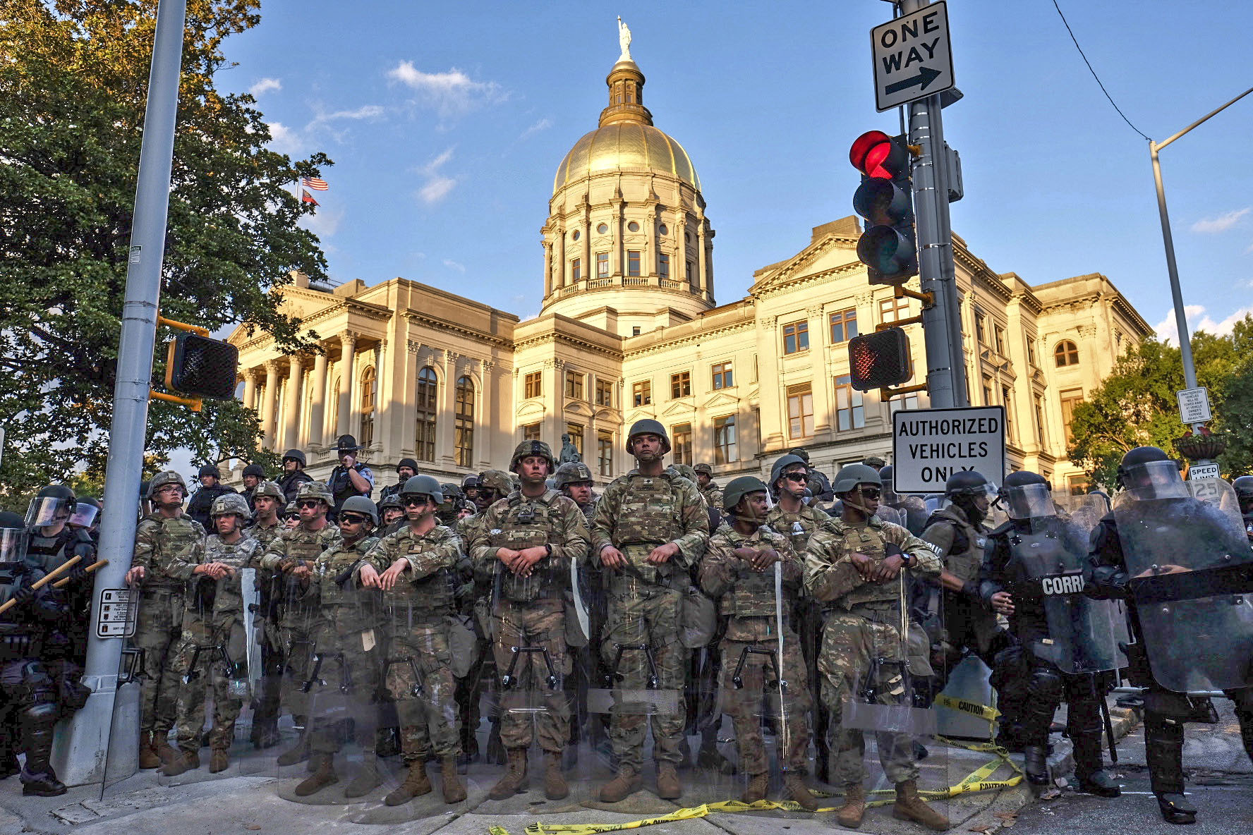 Police in riot gear control the area around the Georgia State Capitol in Atlanta during protests in May. Ben Gray for The Atlanta Journal-Constitution