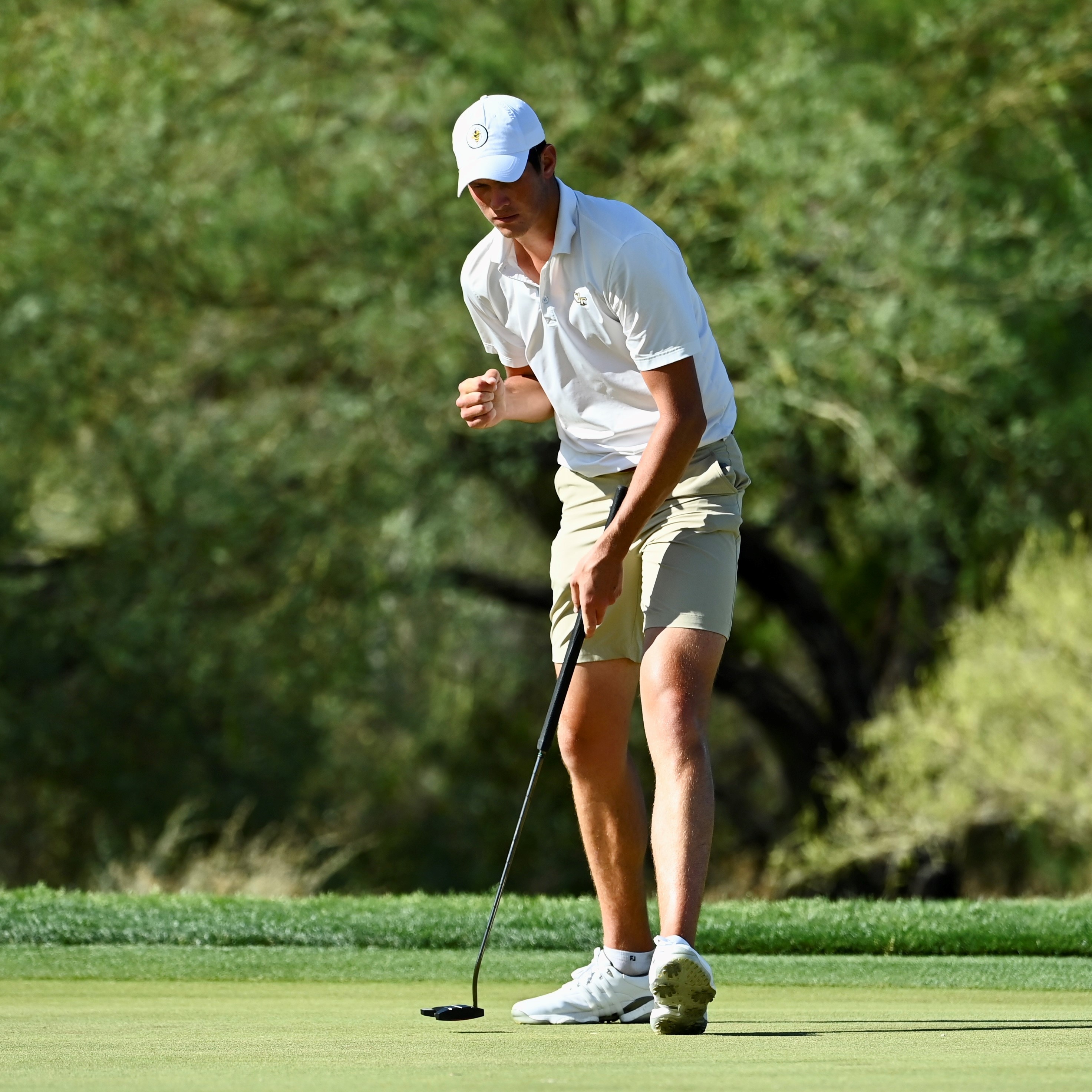 Christo Lamprecht reacts after a birdie in the first round of the NCAA Championship at Grayhawk Golf Club, Scottsdale, Ariz. Lamprecht shot 73.