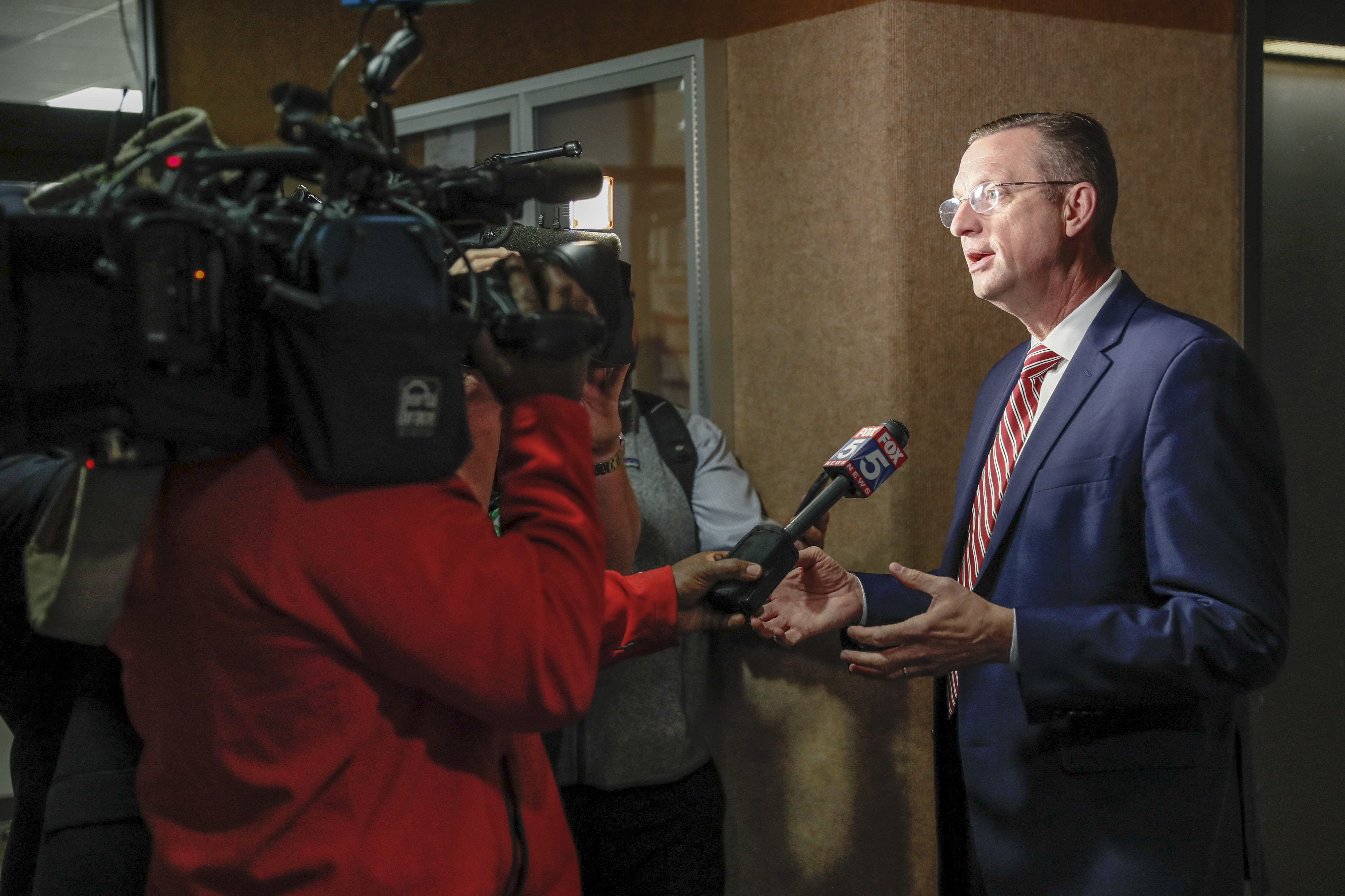 March 2, 2020 - Atlanta - Congressman Doug Collins, R-Ga., talks with the media after he signed in at the Secretary of States office to qualify for the special election to fill Sen. Johnny Isakson's former seat. A large turnout by both Democrats and Republicans on the first day of election qualifying resulted in long lines of politicians waiting to sign in. Bob Andres / robert.andres@ajc.com