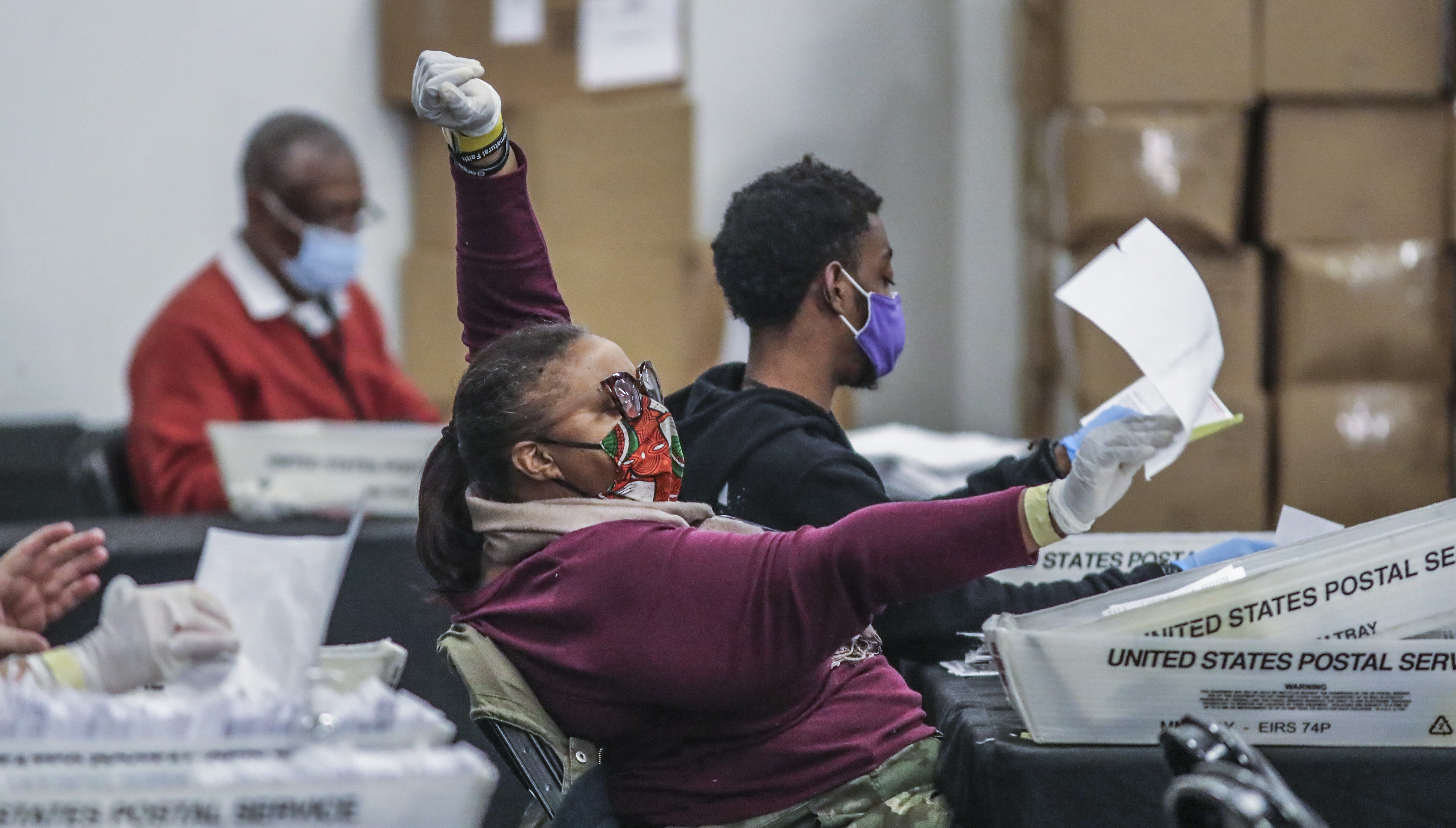 Fulton County election workers were hard at it again on Thursday, Nov. 5, 2020 counting ballots at State Farm Arena. Fulton County officials say election workers have completed processing absentee-by-mail ballots. Fulton elections head Richard Barron said that 145,748 absentee-by-mail ballots have been processed. Of that, he said, results of 138,000 have been posted online and 1,200 more absentees that required more signature verification will come later today — meaning there’s a difference of roughly 7,000 between what’s been processed and what’s been posted. There are still 3,600 provisional ballots and an undetermined amount of military overseas ballots left to be finalized. The deadline for those is 5 p.m. Friday. (John Spink / John.Spink@ajc.com)
