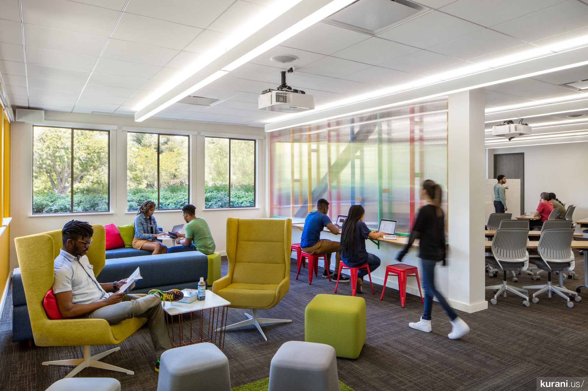 An academic lounge at the Howard West Campus at Google headquarters in Mountain View, California, designed by Atlanta-based architecture firm, Kurani.