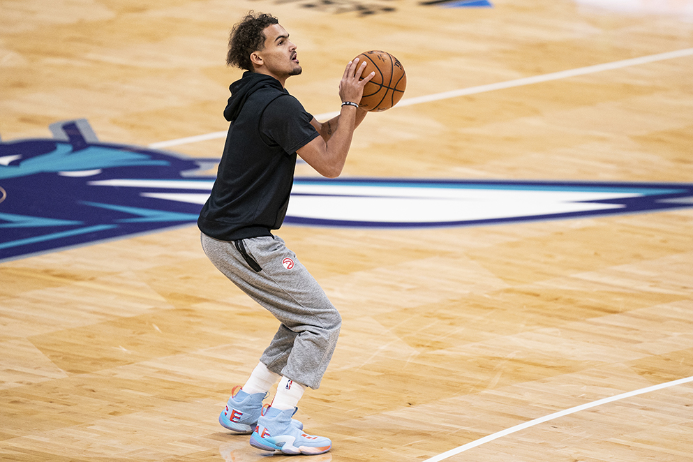 Atlanta Hawks guard Trae Young warms up for the team's game against the Charlotte Hornets Saturday, Jan. 9, 2021, in Charlotte, N.C. (Jacob Kupferman/AP)