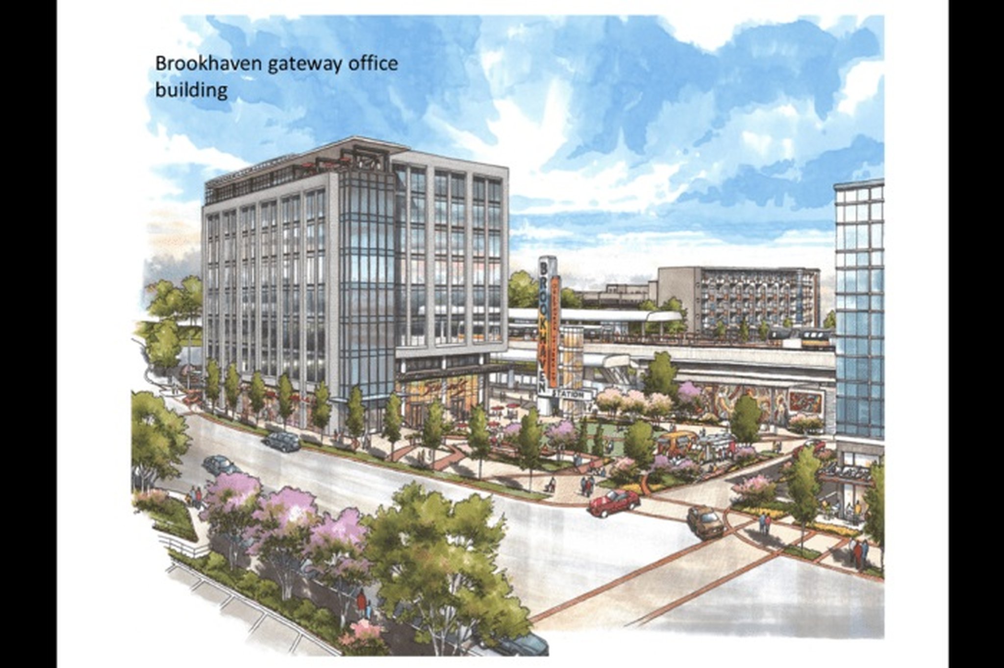 A conceptual drawing shows an office building at the proposed transit-oriented development at Brookhaven/Oglethorpe MARTA station.