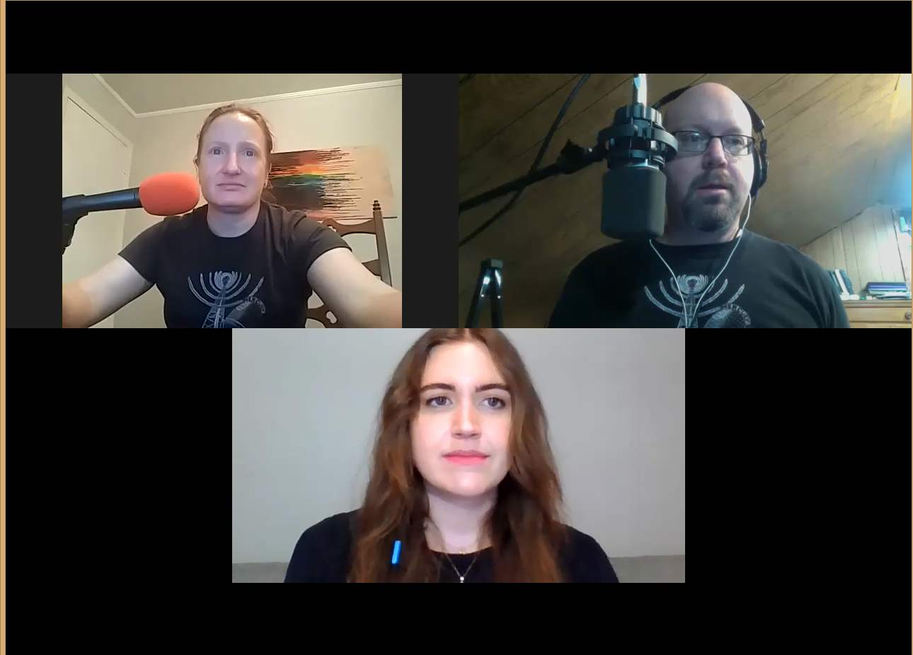 Diana Lancaster (from top left), David Benedict and Lyssa Hoganson record the podcast “Mercury” via Skype.
Courtesy of David Benedict