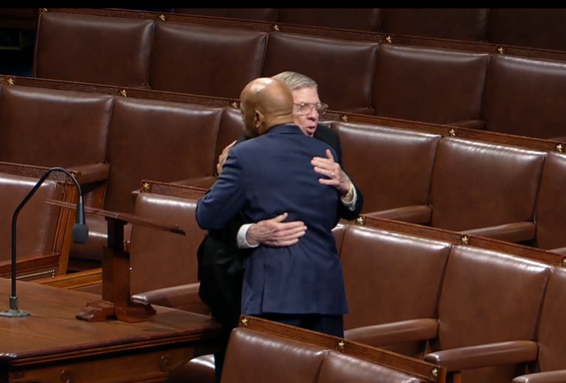 U.S. Rep. John Lewis and U.S. Sen. Johnny Isakson embrace on the House floor during a tribute to the retiring senator on Tuesday, Nov. 19, 2019. Image is ascreen grab from the House livestream.