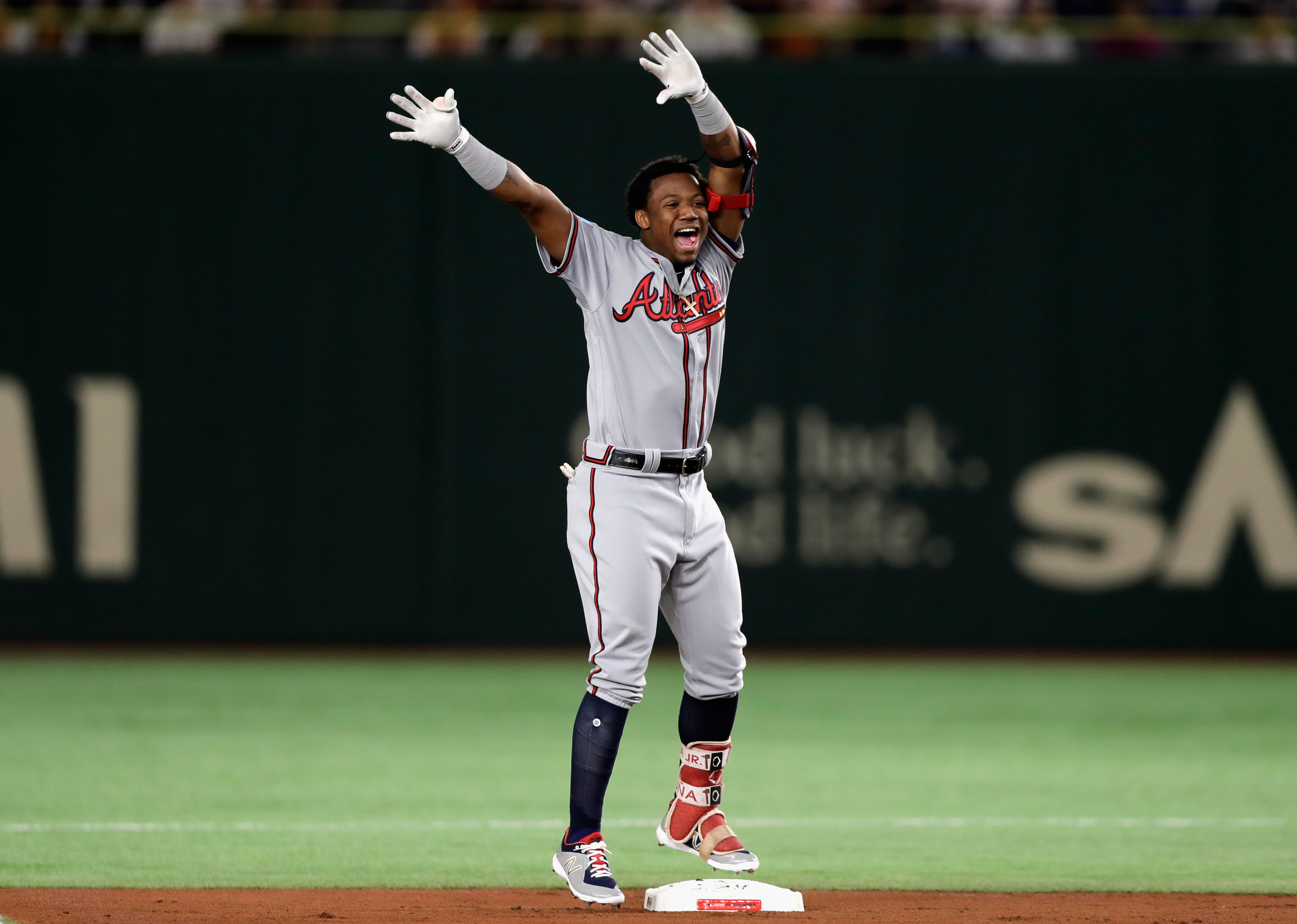 Ronald Acuña Jr. #13 Atlanta Braves Season Red AOP Baseball Jersey