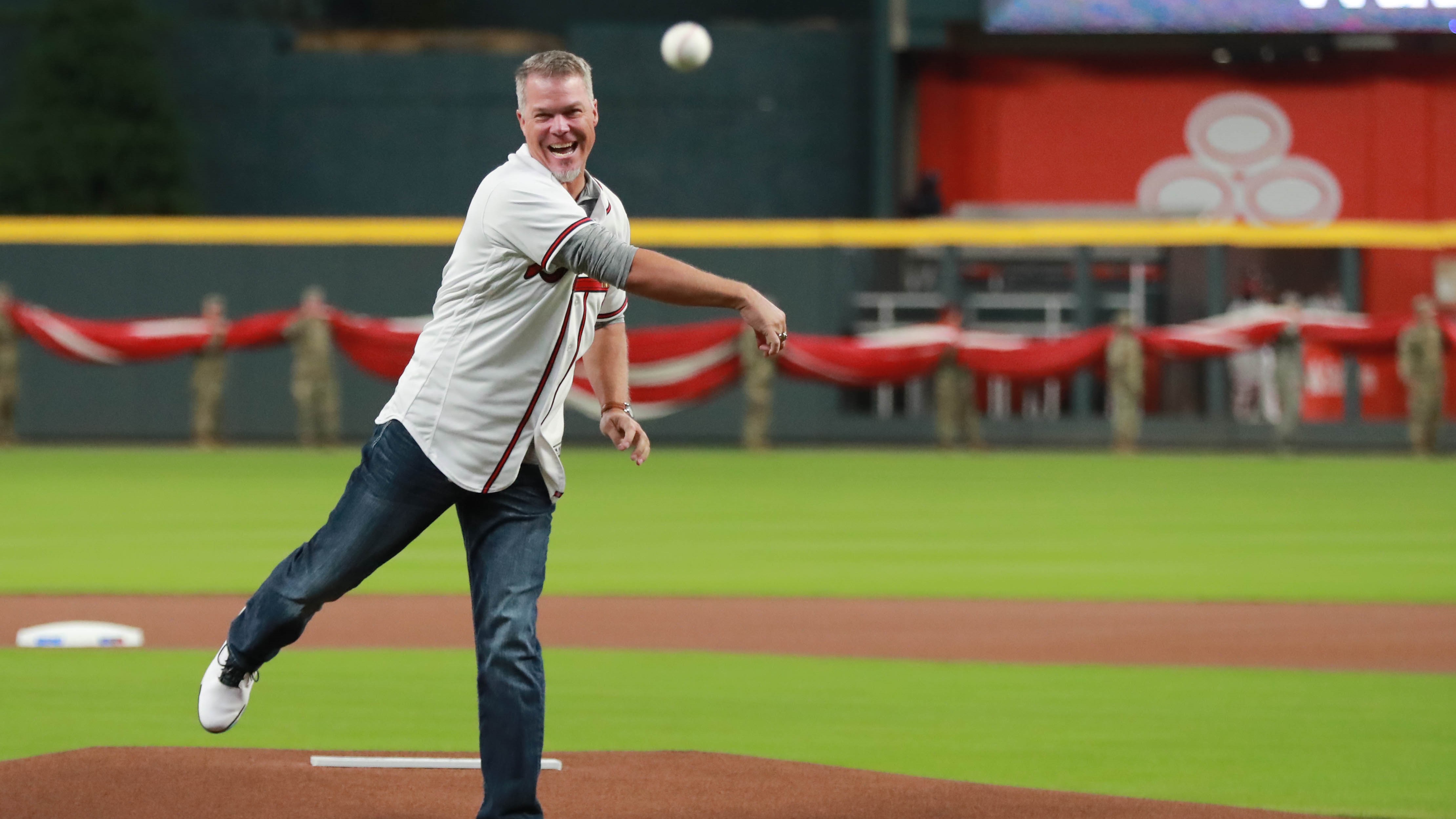 Chipper Jones throws the first pitch of Braves vs Reds game MLB