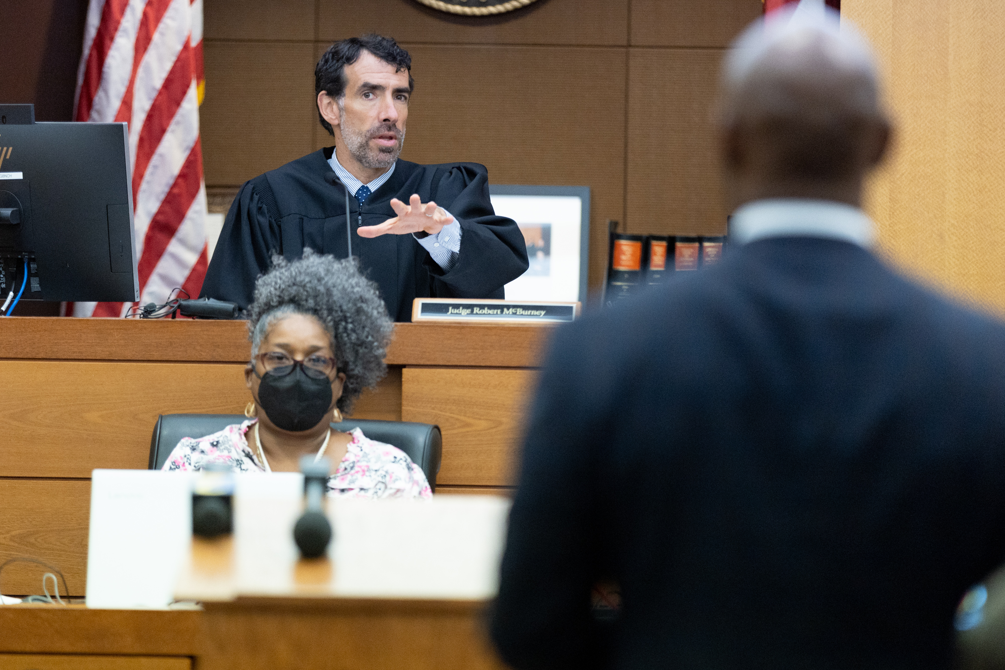 Fulton Superior Court Judge Robert McBurney talks to the lawyers during a court challenge to Rudy Giuliani's subpoena to the Fulton County special grand jury examining Georgia's 2020 elections at Fulton Superior Court Thursday, August 9, 2022. Steve Schaefer / steve.schaefer@ajc.com )