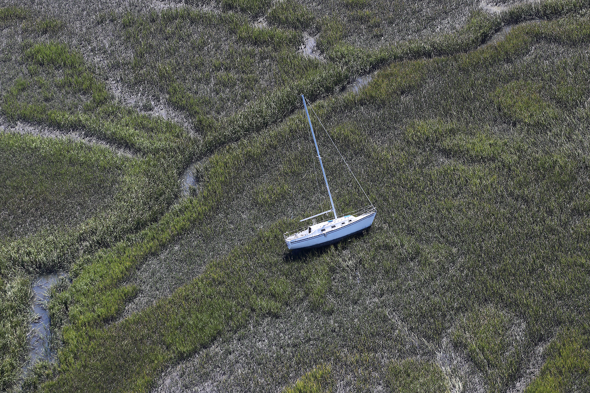 A sailboat has been blown lose from it’s harbor anchor into the marsh at Shelman Bluff just south of Harris Neck along the Georgia coast in the aftermath of Hurricane Matthew on Sunday, Oct. 9, 2016. Curtis Compton /ccompton@ajc.com