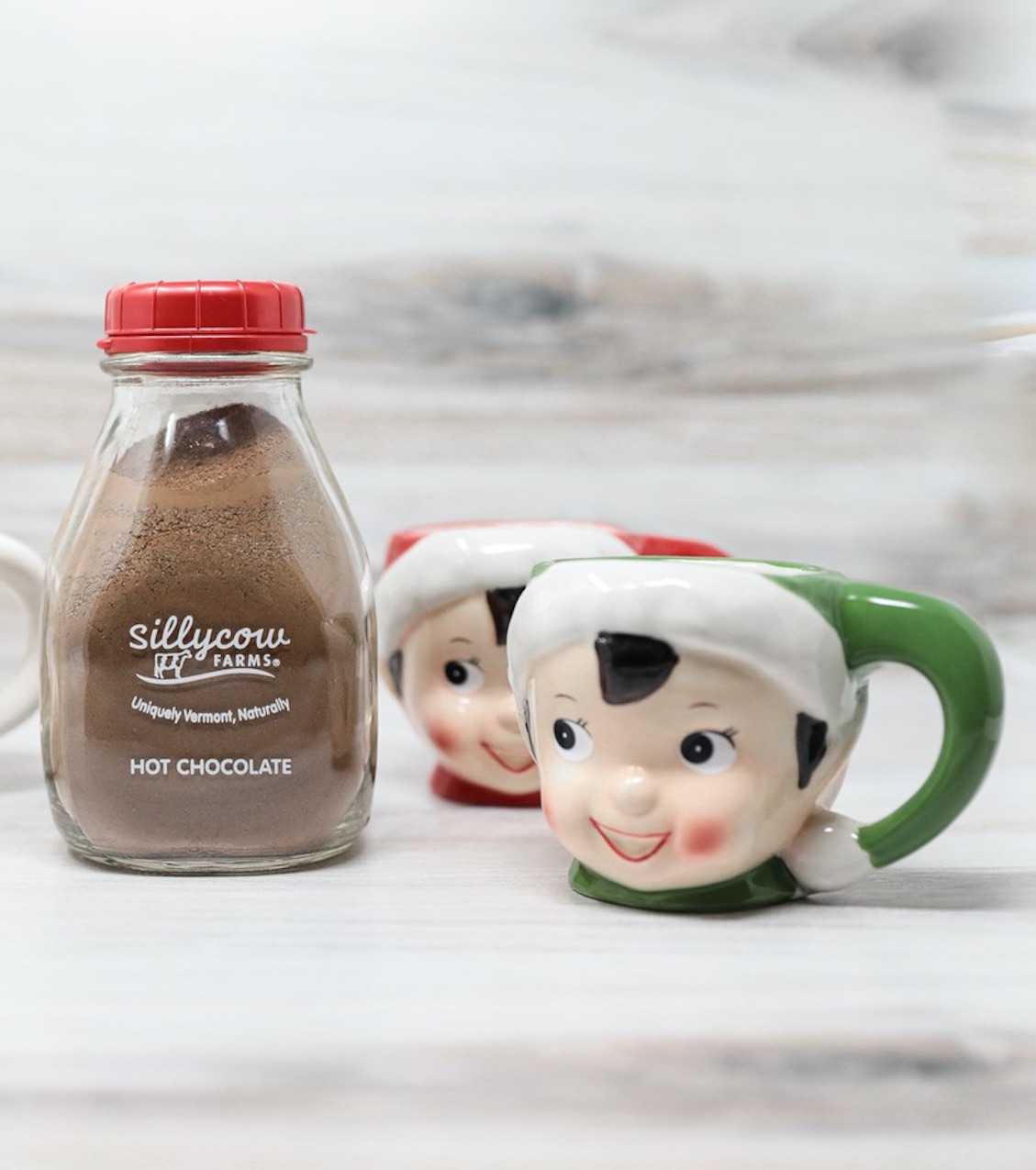Festive ceramic elf mugs commemorate Christmas in red or green and a bottle of hot chocolate mix makes the season even sweeter.
Courtesy of Lucy's Market