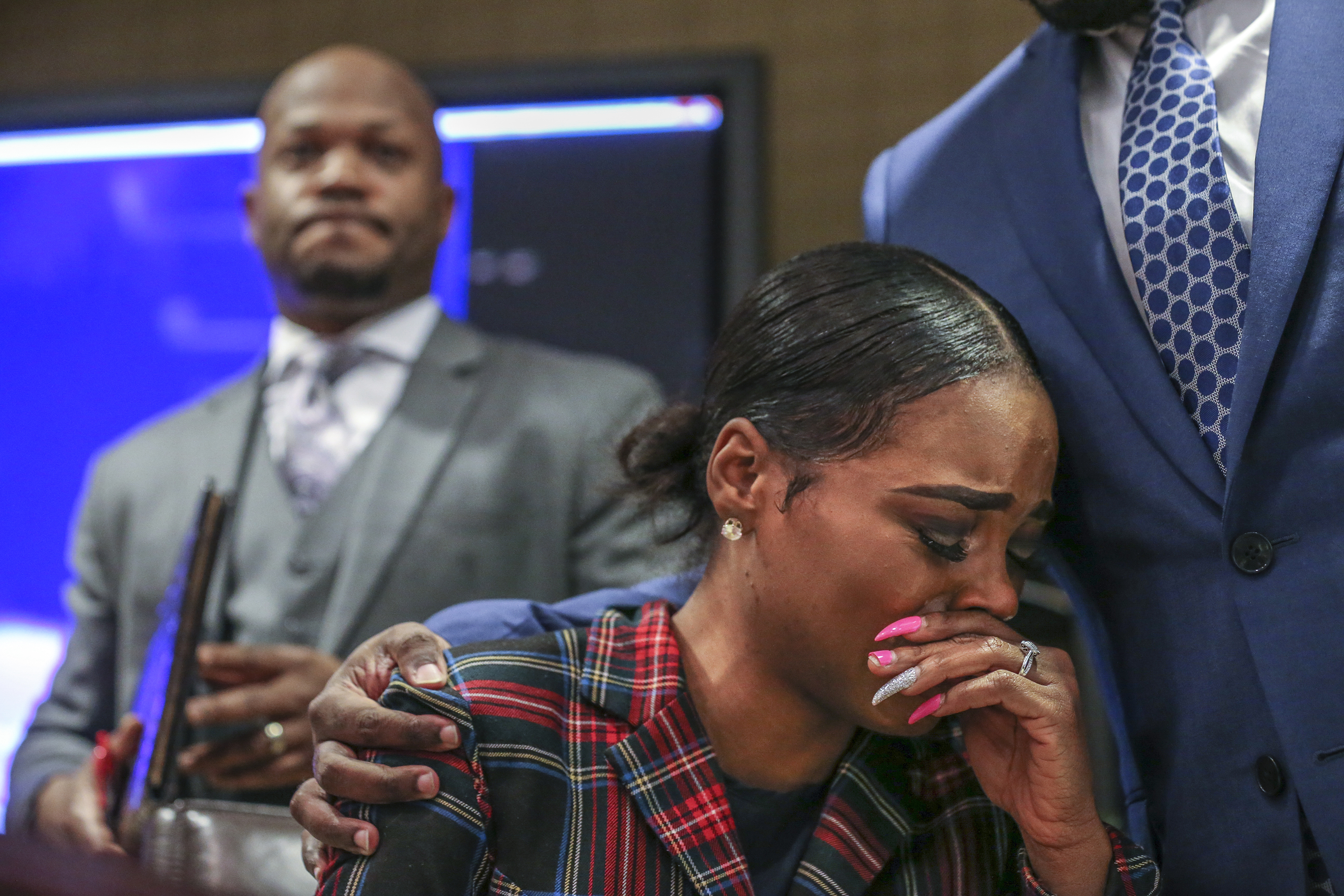 February 12, 2019 Atlanta: Attorney Chris Stewart (left) addresses the media Tuesday morning, Feb. 12, 2019 as his client, Jasmine Eiland (center) is comforted by attorney Joshua Palmer (right). It is the policy of the AJC to not name alleged victims of sexual crimes, but in this case the victim chose to publicly discuss the incident. JOHN SPINK/JSPINK@AJC.COM