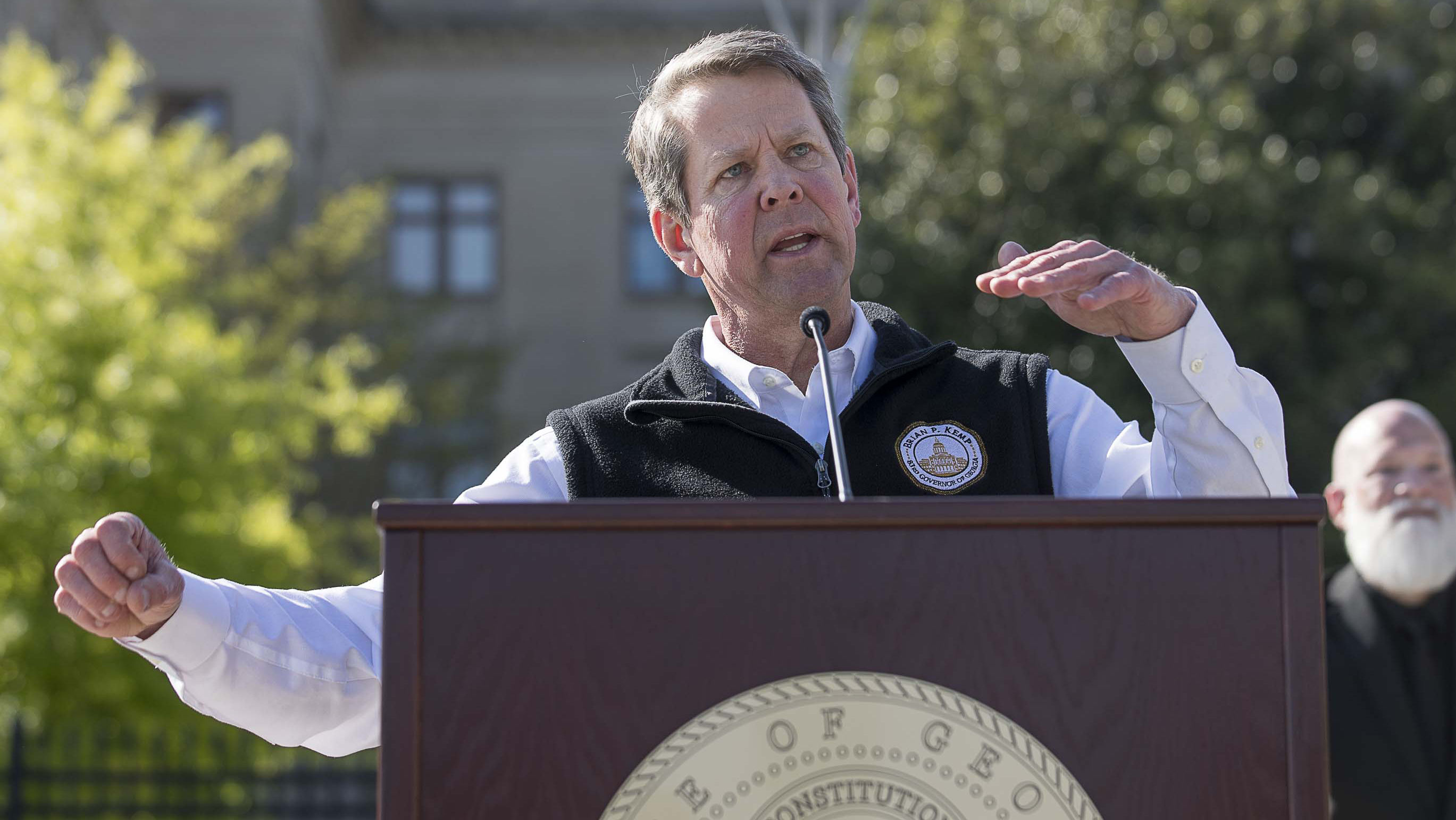 Gov. Brian Kemp speaks during a press conference at Liberty Plaza, across from the state Capitol, in Atlanta on April 1, 2020, when he announced he would sign an order for all Georgians to stay at home amid the coronavirus pandemic. (ALYSSA POINTER / ALYSSA.POINTER@AJC.COM)