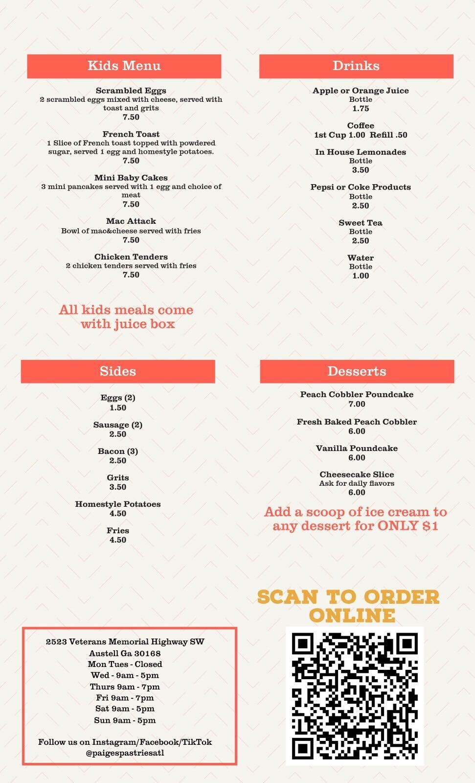 The menu for Paige's Bistro