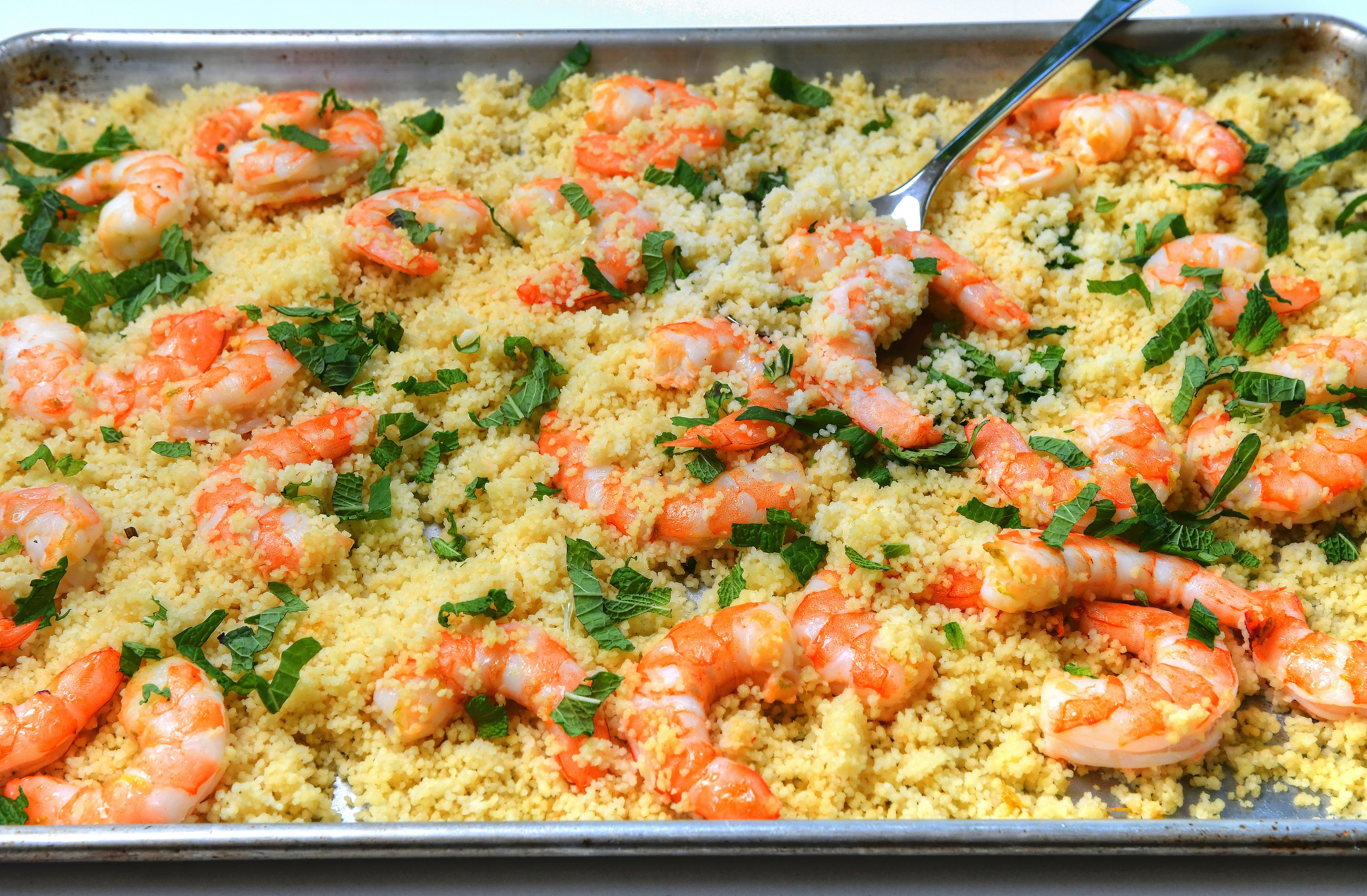Sheet-Pan Shrimp and Couscous. Chris Hunt for The Atlanta Journal-Constitution