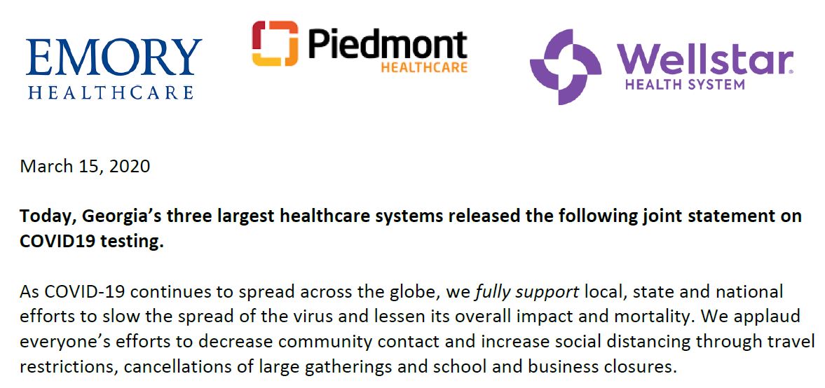 Atlanta’s three largest health care networks urged Georgians showing mile to moderate symptoms of illness not to come to their hospitals for coronavirus testing.