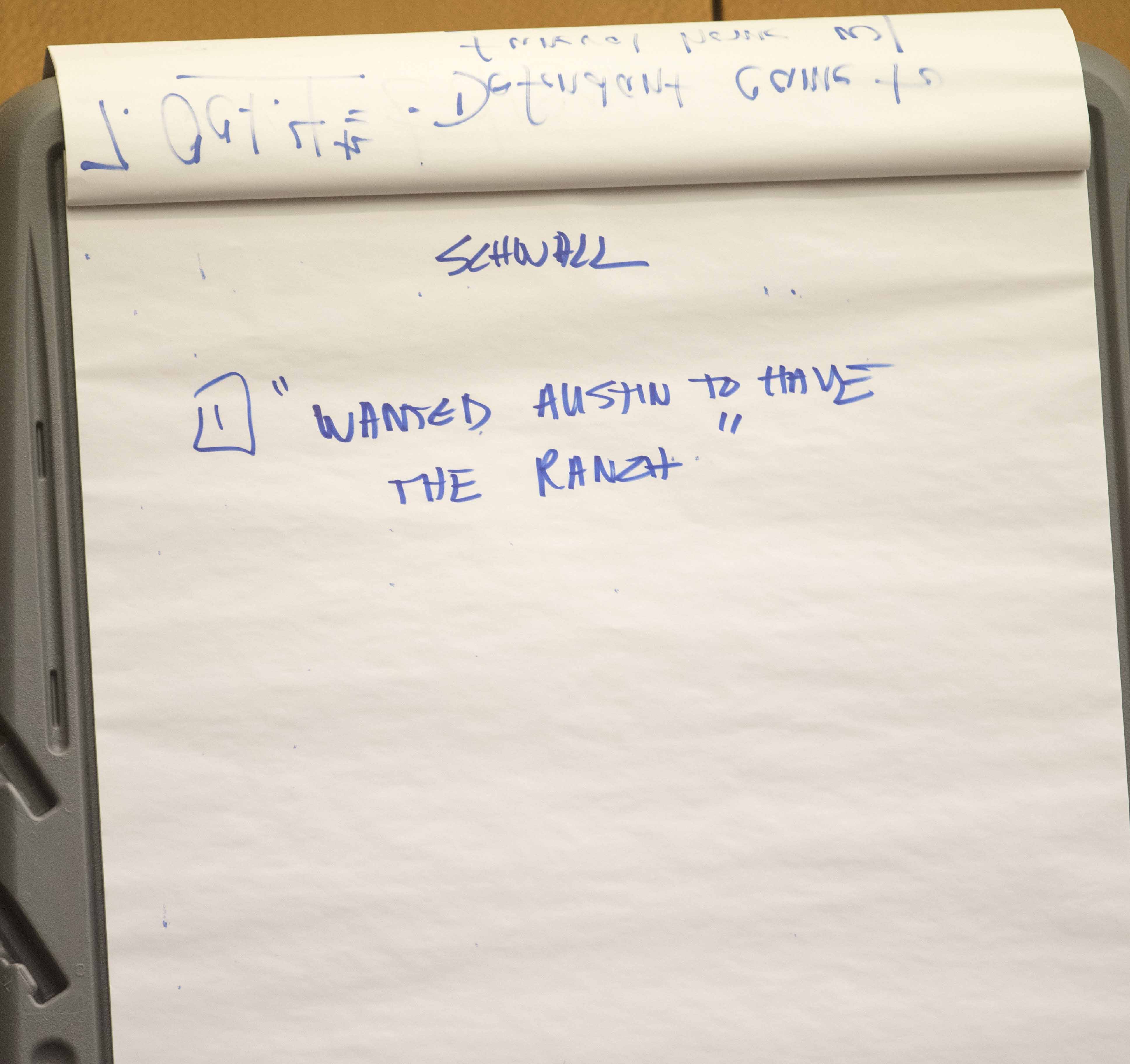 03/26/2018 -- Atlanta, GA - A quote by Anne Schwall is displayed on a board during the tenth day of trial for Tex McIver before Fulton County Chief Judge Robert McBurney, Monday, March 26, 2018. ALYSSA POINTER/ALYSSA.POINTER@AJC.COM