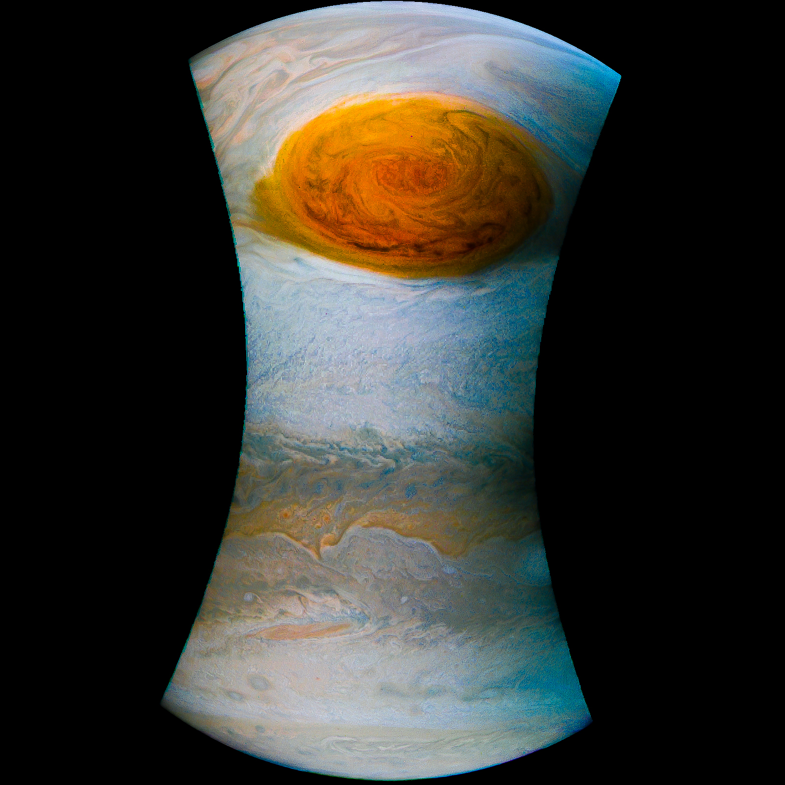 Enhanced-color image of Jupiter's Great Red Spot, processed in Lightroom. The hourglass shape of the image reflects the way the camera operates as the Juno spacecraft spins in flight.