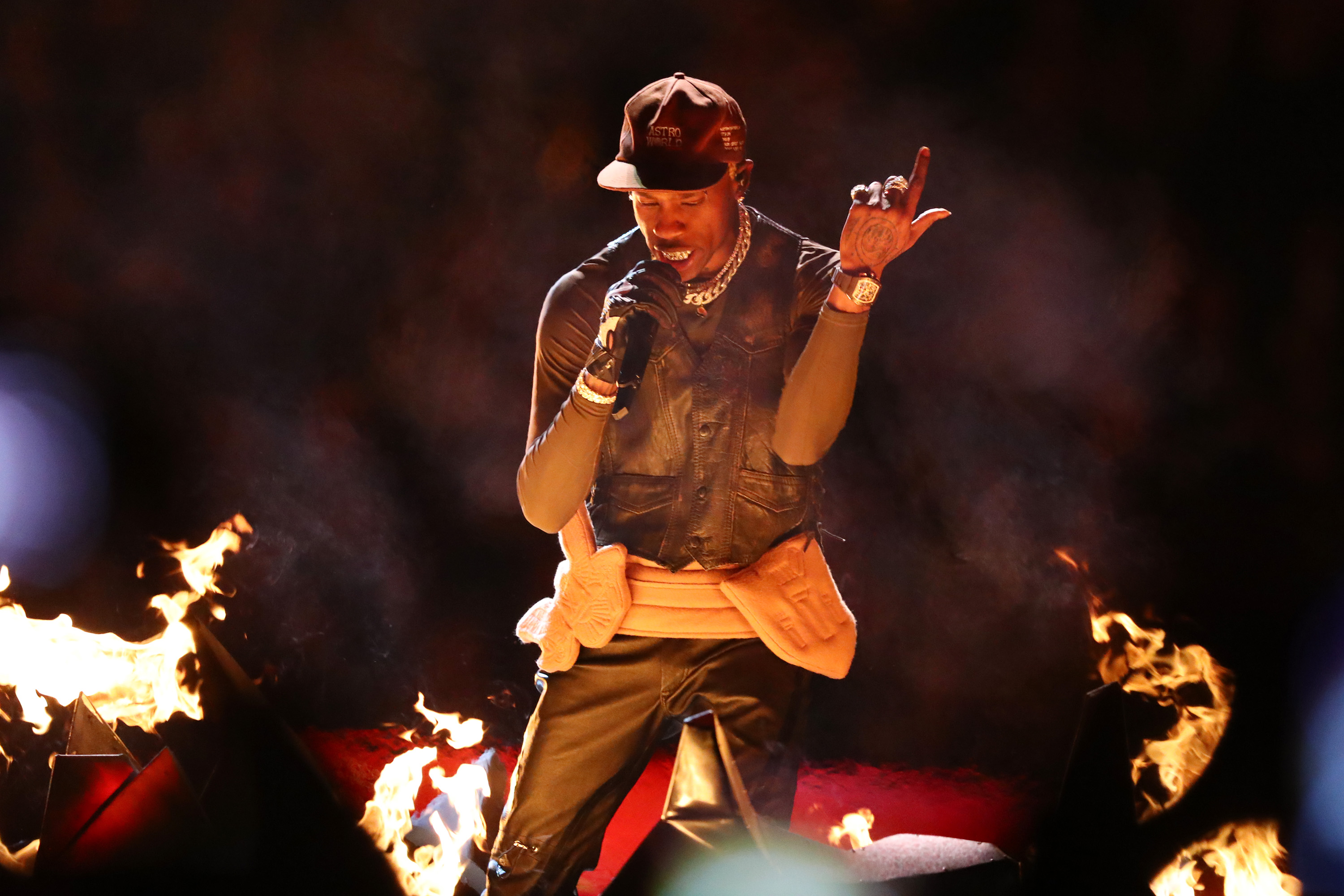 Rapper Travis Scott takes the stage during Maroon 5's Super Bowl LIII Halftime Show on Sunday, Feb. 3, 2019. (CURTIS COMPTON / CCOMPTON@AJC.COM)