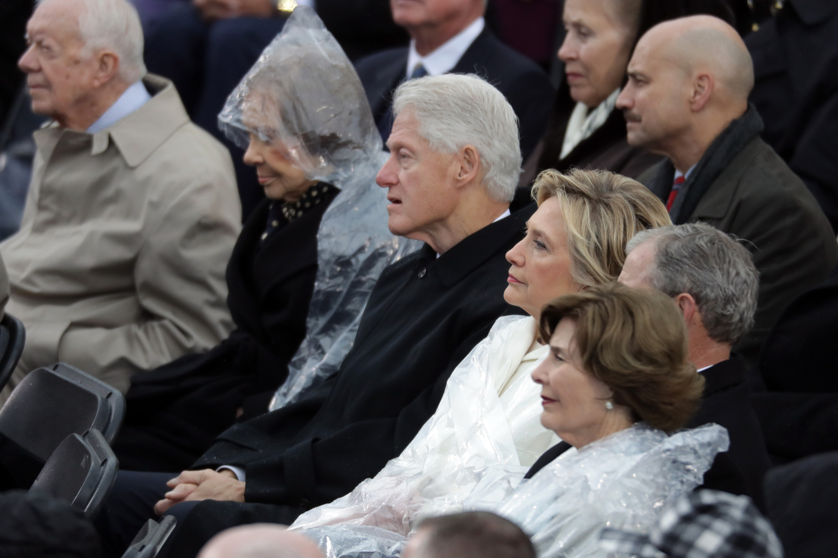 WASHINGTON, DC - JANUARY 20: (L-R) Former President Jimmy Carter, former first lady Rosalynn Carter, former President Bill Clinton, former Democratic presidential nominee Hillary Clinton, former President George W. Bush and former first lady Laura Bush watch President Donald Trump's inaugural address on the West Front of the U.S. Capitol on January 20, 2017 in Washington, DC.(Photo by Chip Somodevilla/Getty Images)