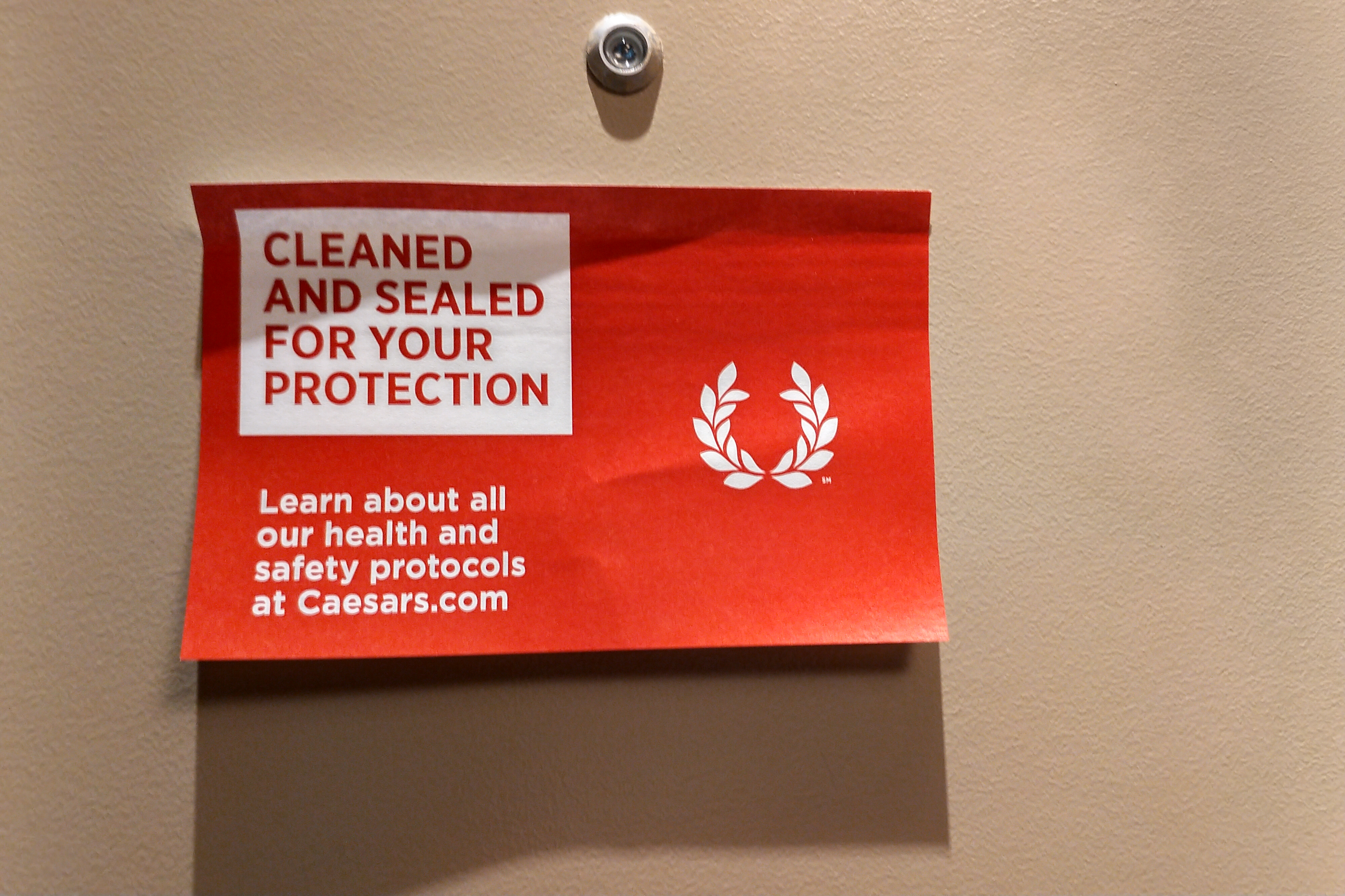 Hotel doors inside Harrah's Cherokee denote that it has been specially cleaned. Photo: Melissa Ruggieri/Atlanta Journal-Constitution