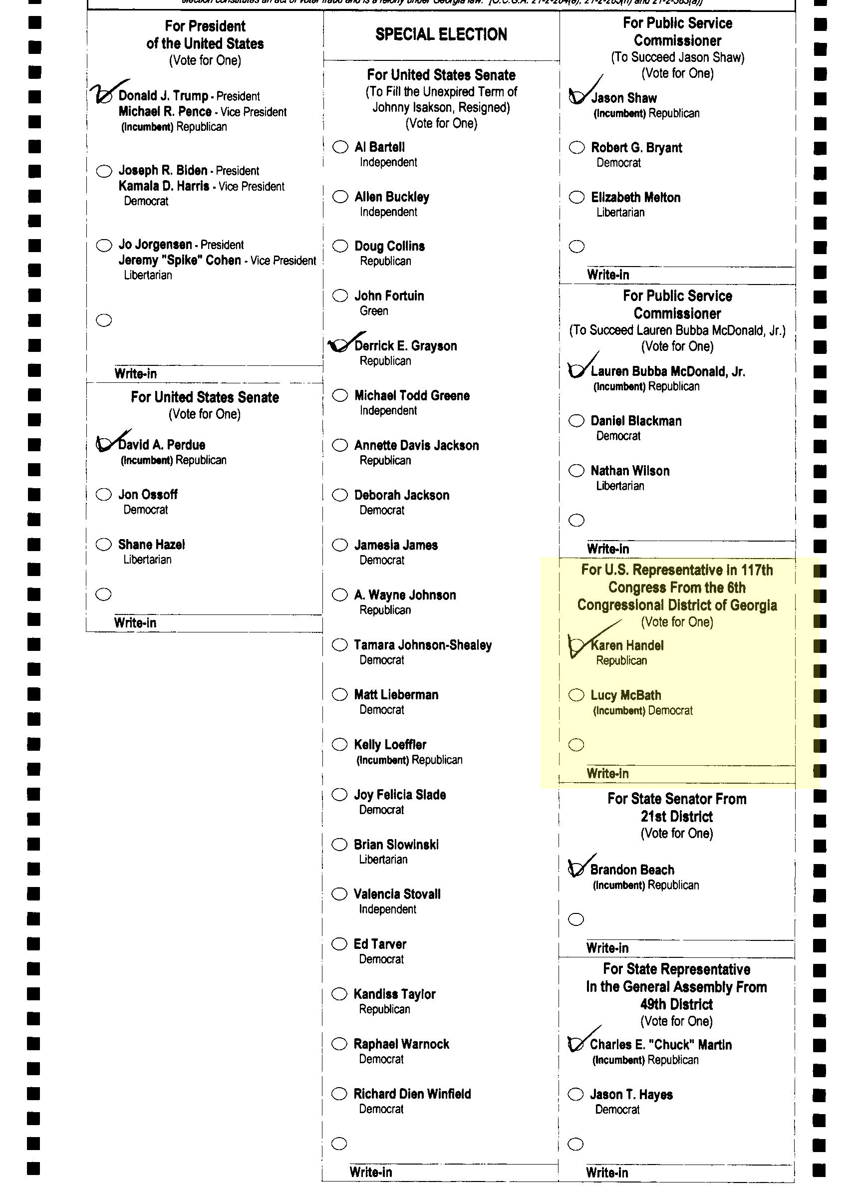A voter used check marks to fill in a ballot and appeared to miss nearly all of a bubble in the 6th Congressional District election.