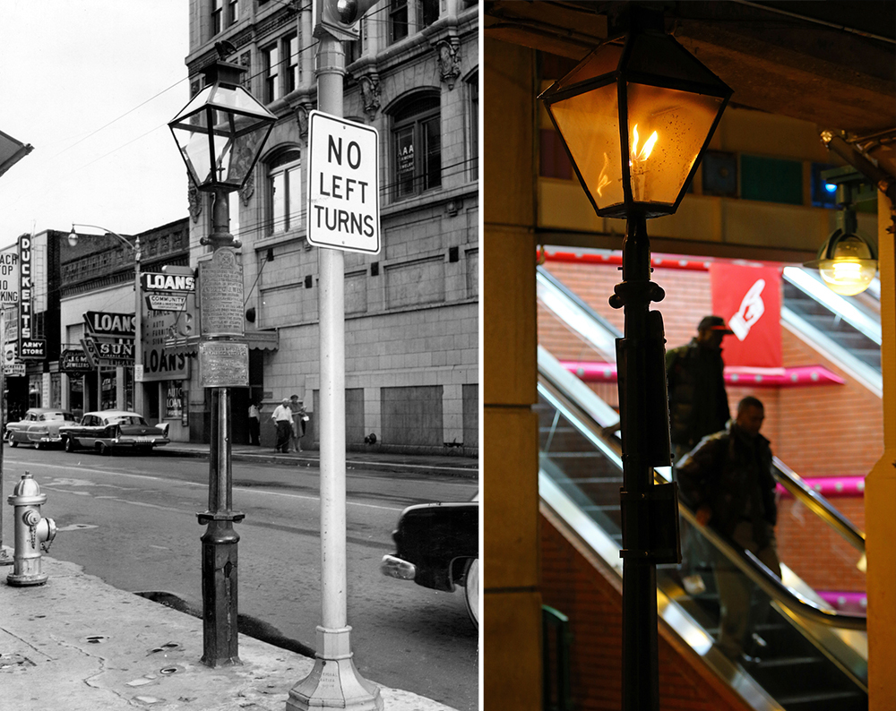 The Eternal Flame of the Confederacy lamppost stood on the corner of Alabama and Whitehall streets during the Civil War but has moved around since then. (Left photo: AJC file; Right photo: Curtis Compton / ccompton@ajc.com)