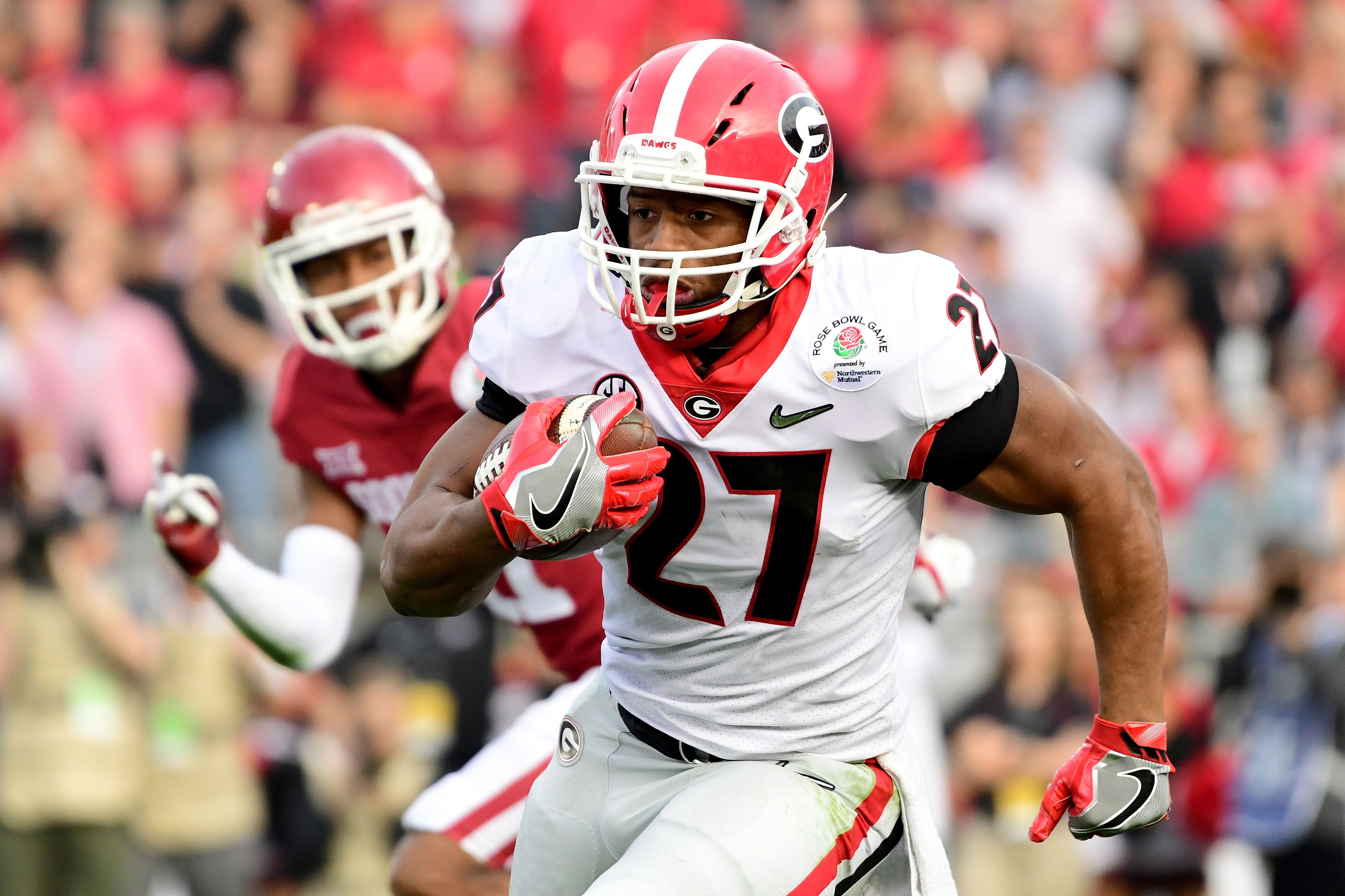 Overtime. 08th Jan, 2018. Georgia running back Nick Chubb (27) during  pregame of College Football Playoff National Championship game action  between the Alabama Crimson Tide and the Georgia Bulldogs at Mercedes-Benz  Stadium