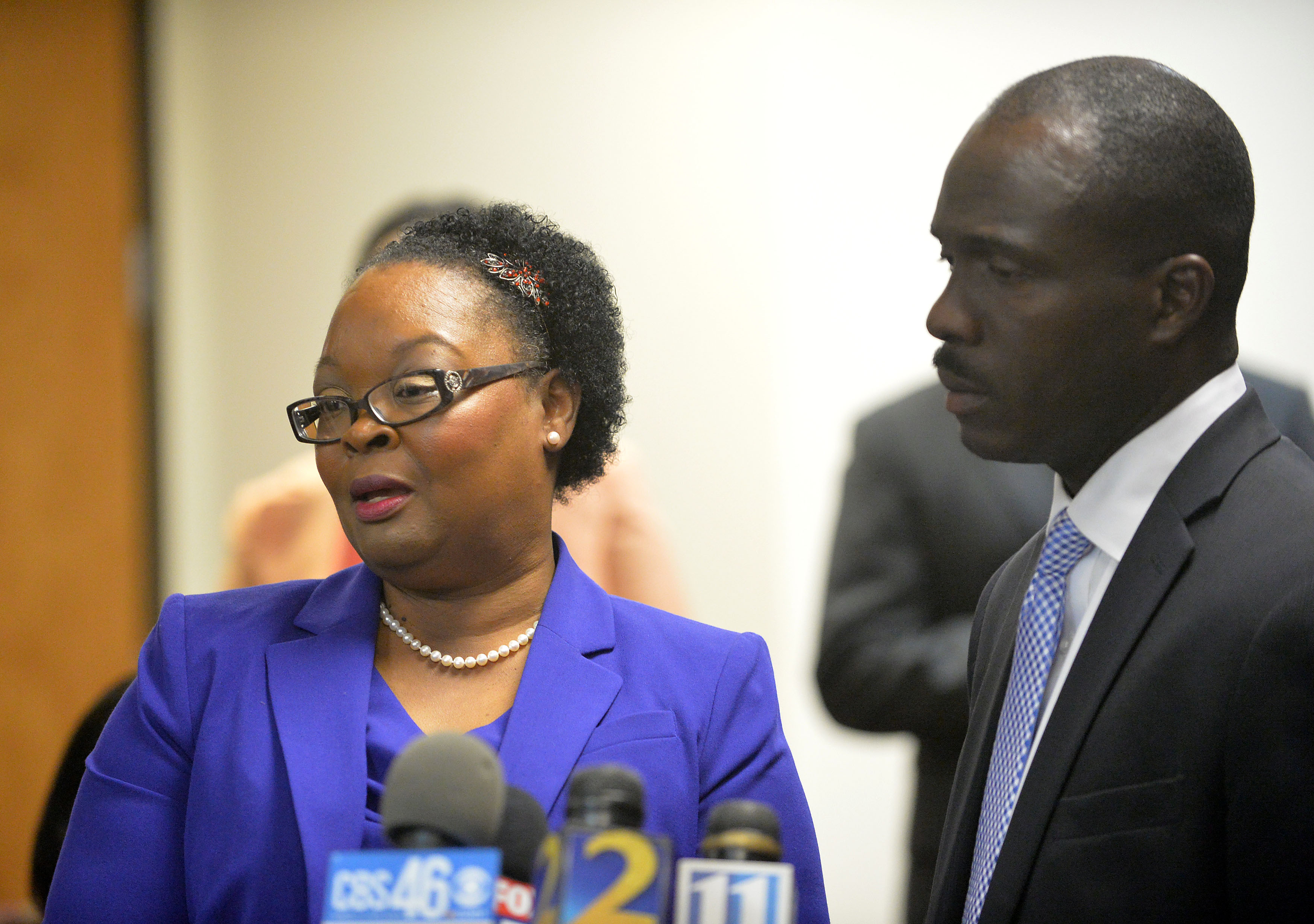 “I have no regrets about not taking the deal. I’m innocent,” said former Dunbar Elementary School teacher Diane Buckner-Webb. With her was her defense attorney Keith Adams at the law offices of defense attorney George Lawson Friday, April 17, 2015. KENT D. JOHNSON /KDJOHNSON@AJC.COM