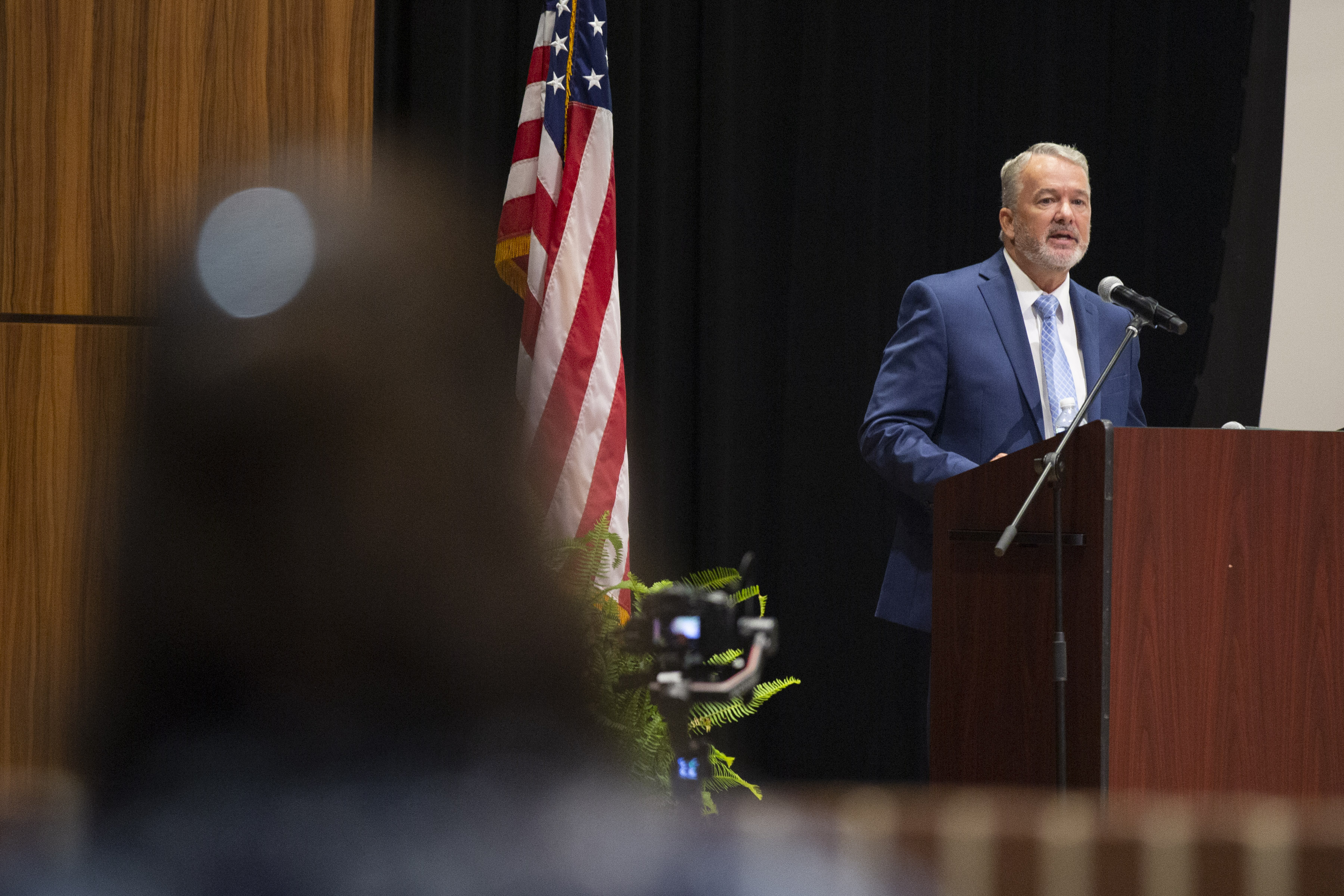Forsyth County School Superintendent Jeff Bearden speaks at orientation for new Forsyth County teachers at Denmark High School in Alpharetta, Georgia, on Tuesday, July 27, 2021. (Rebecca Wright for the Atlanta Journal-Constitution)