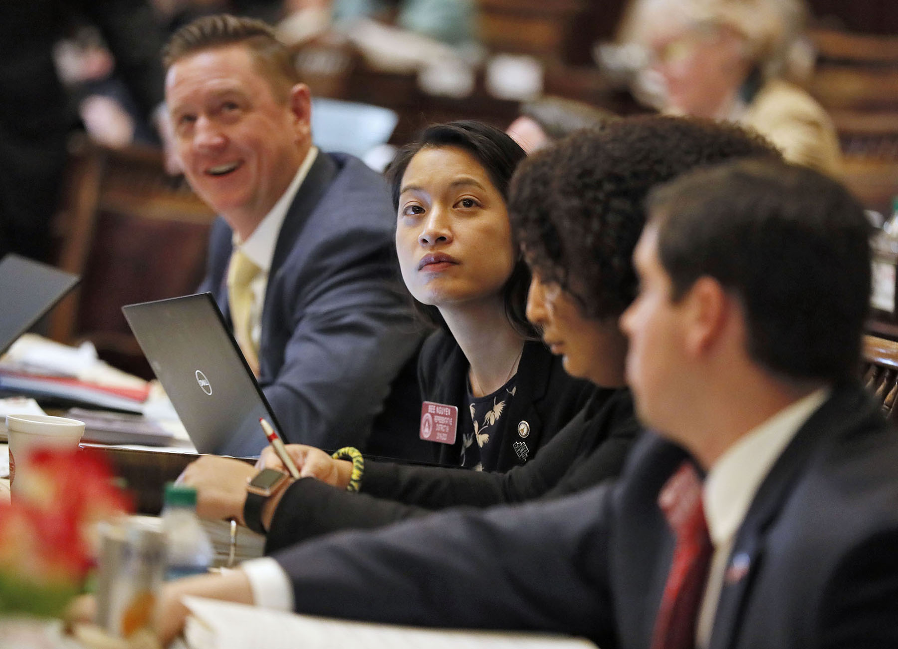 2/28/19 - Atlanta - Rep. Bee Nguyen, D - Atlanta, watches the votes come in on bills this morning. The legislature was in session for the 24rd day of the 2019 General Assembly. Bob Andres / bandres@ajc.com