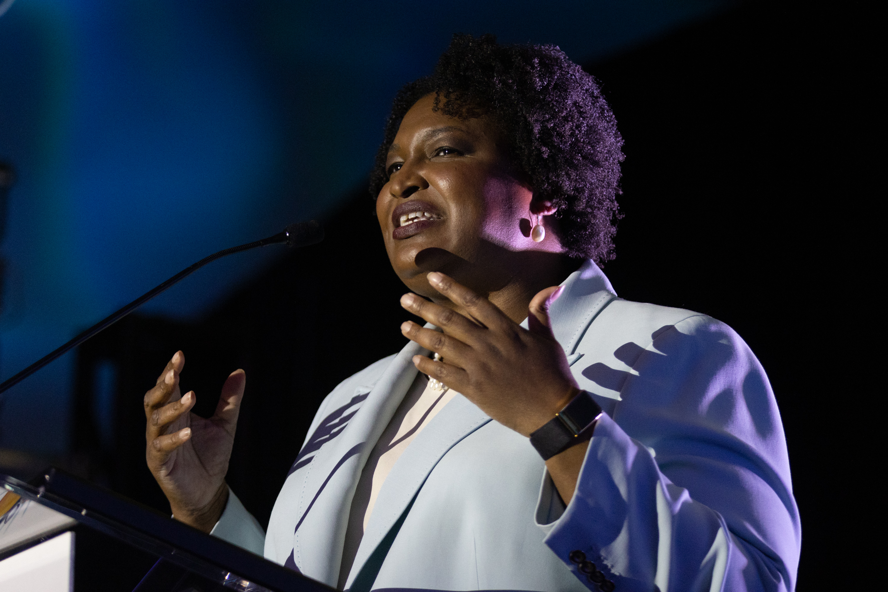 Stacey Abrams speaks at the Democratic Party of Georgia’s State Convention in Columbus, Georgia, Saturday, August 27, 2022. Schaefer/steve.schaefer@ajc.com)