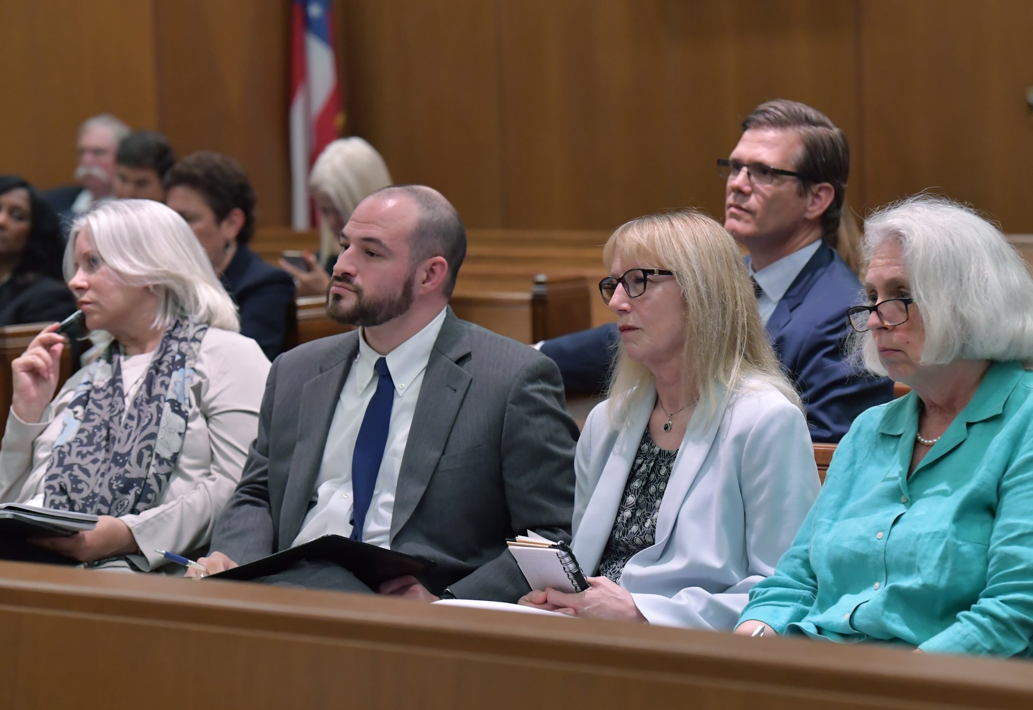 From left: Plaintiff Marilyn Marks, attorney Justin Berger, plaintiff Rhonda Martin, plaintiff Smythe DuVal and plaintiff Jeanne DuFort listen during a hearing at Georgia Supreme Court on Tuesday, May 7, 2019. The Georgia Supreme Court is considering an appeal Tuesday of a case alleging tens of thousands of votes disappeared in the race for lieutenant governor. Plaintiffs in the case say Democrat Sarah Riggs Amico could have won if votes hadn't been lost or changed by Georgia's outdated electronic voting machines. HYOSUB SHIN / HSHIN@AJC.COM