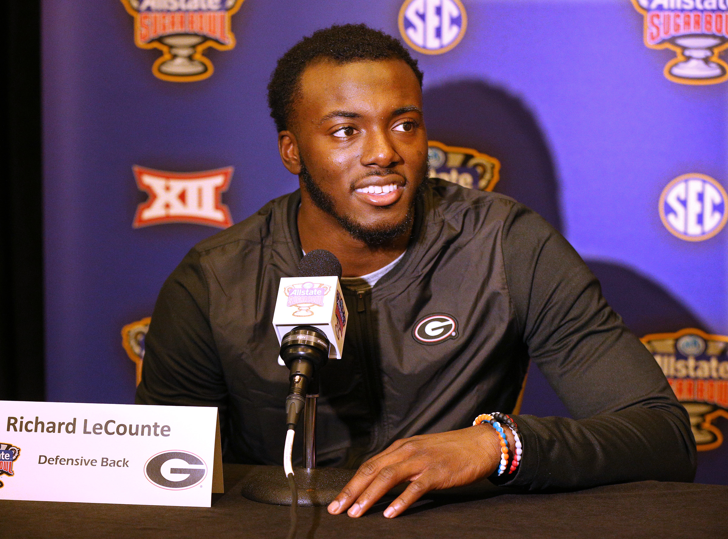 Georgia defensive back Richard LeCounte takes questions before the Sugar Bowl against Texas on Saturday, Dec 29, 2018, in New Orleans. Curtis Compton/ccompton@ajc.com