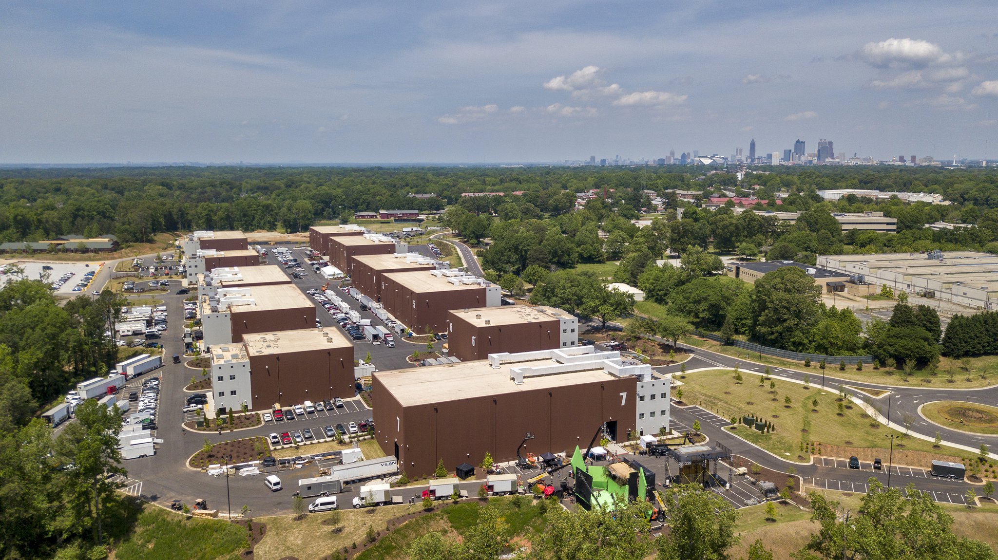 Tyler Perry Studios has built a dozen soundstages that the company rents to other production companies. Films including Black Panther and First Man have shot scenes in these buildings. The 50-year-old Perry has raked in more than $1.1 billion in domestic box office gross from his 22 films and more than 500 episodes of TV. SPECIAL to AJC from Tyler Perry Studios.