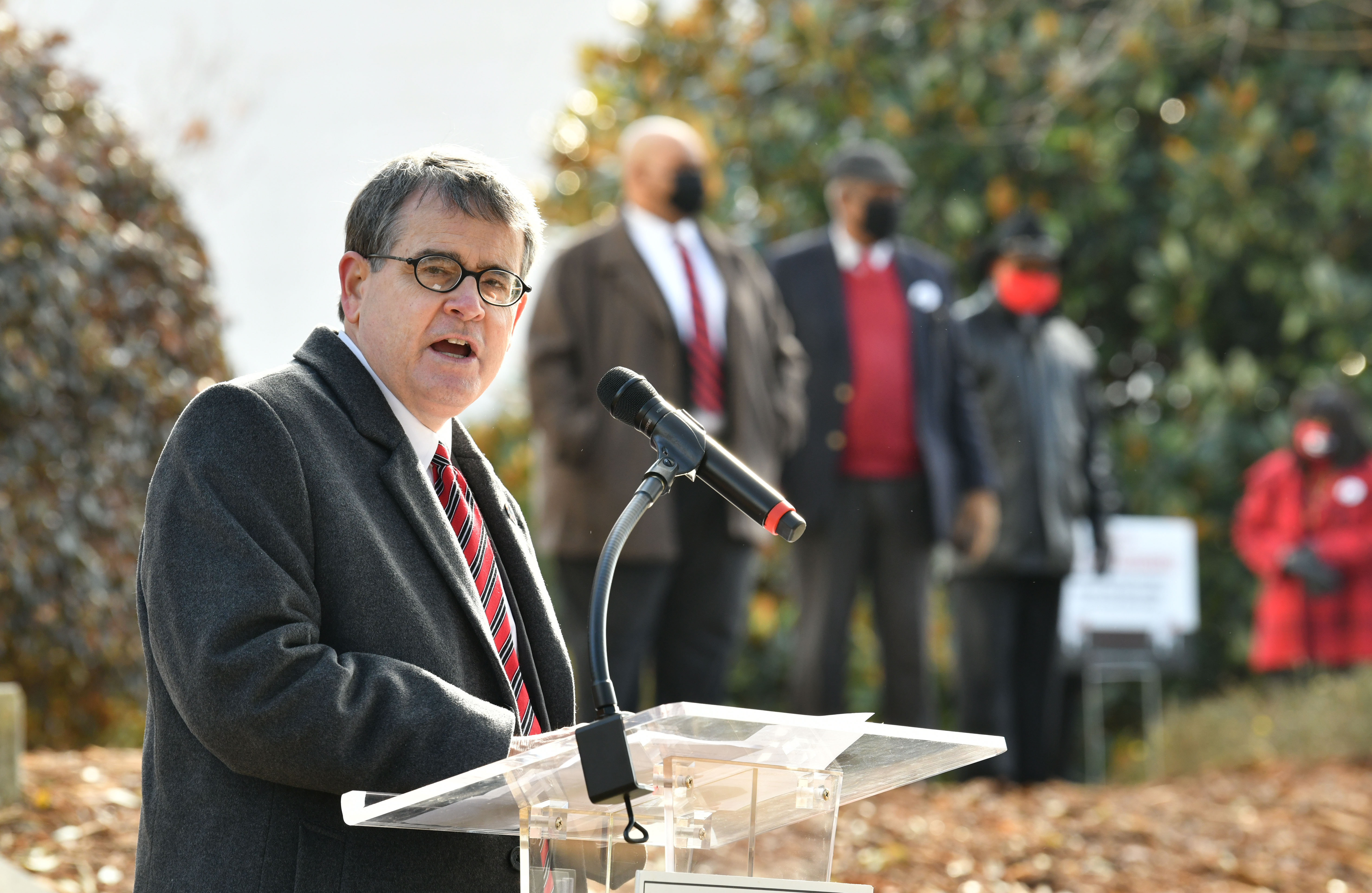 University of Georgia President Jere Morehead makes a remark during a ceremonial ringing of the Chapel Bell to honor the 60th anniversary of desegregation at UGA in Athens on Saturday, Jan. 9, 2021. In his annual State of the University address last week, Morehead spoke about new efforts to address student mental health and help graduate students. (Hyosub Shin / Hyosub.Shin@ajc.com)