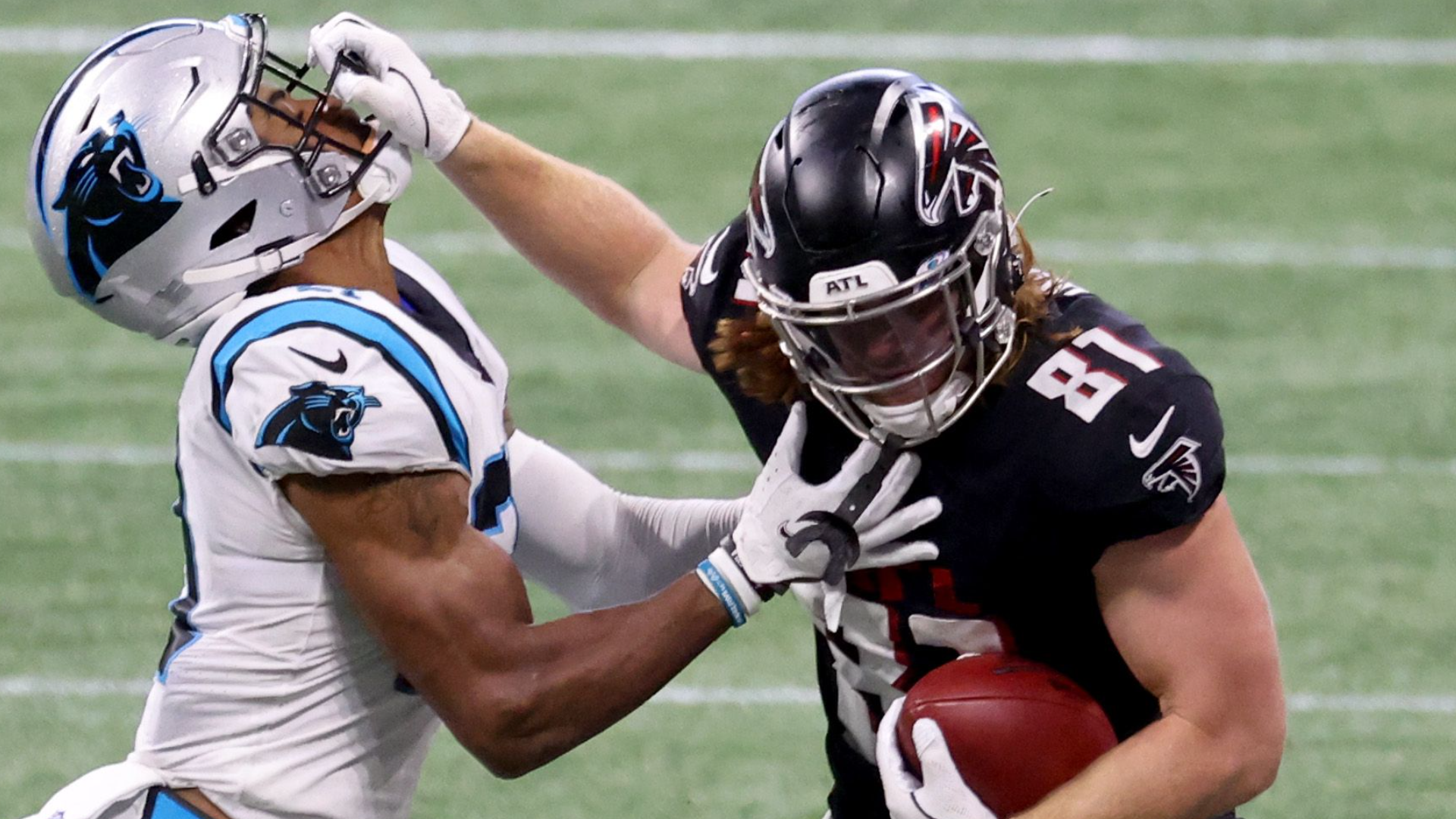 Atlanta Falcons tight end Hayden Hurst (81) and offensive tackle