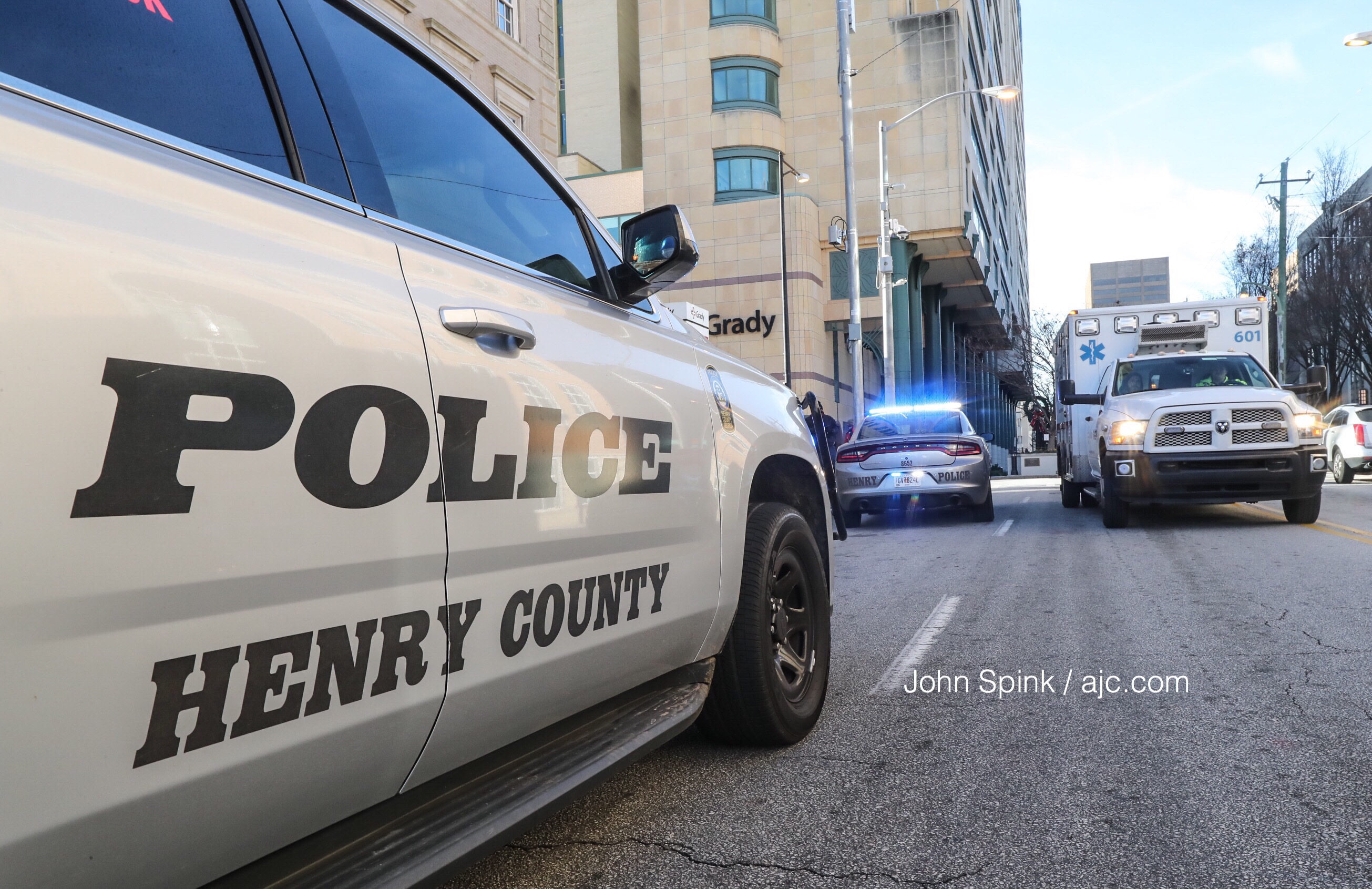 A Henry County police officer was shot and rushed to Grady Memorial Hospital early Thursday. JOHN SPINK / JSPINK@AJC.COM