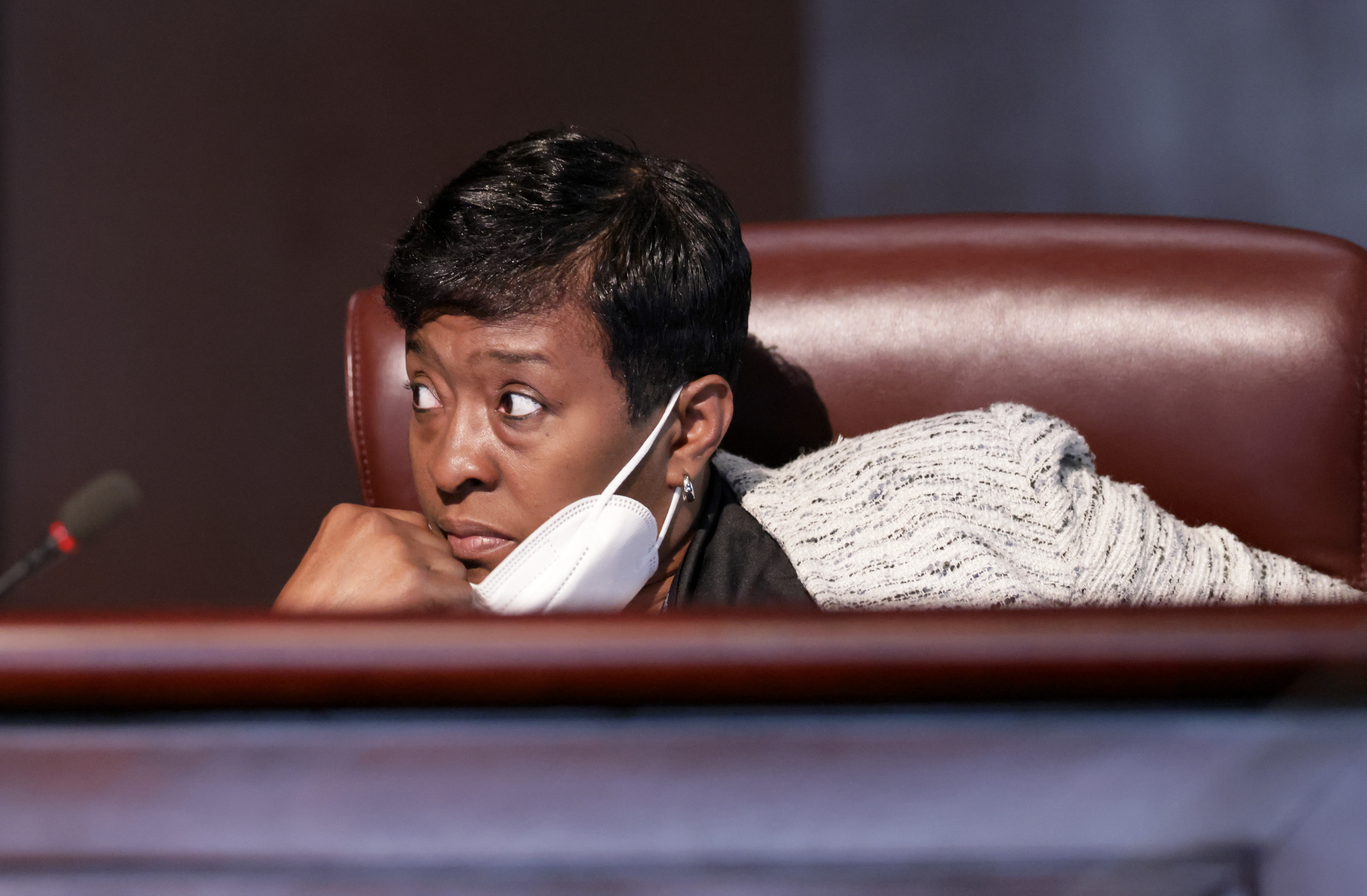 Council member Keisha Sean Waites during discussion as the Atlanta City Council held their first in person meeting since they were suspended at start of the pandemic In Atlanta on Monday, March 21, 2022. (Bob Andres / robert.andres@ajc.com)