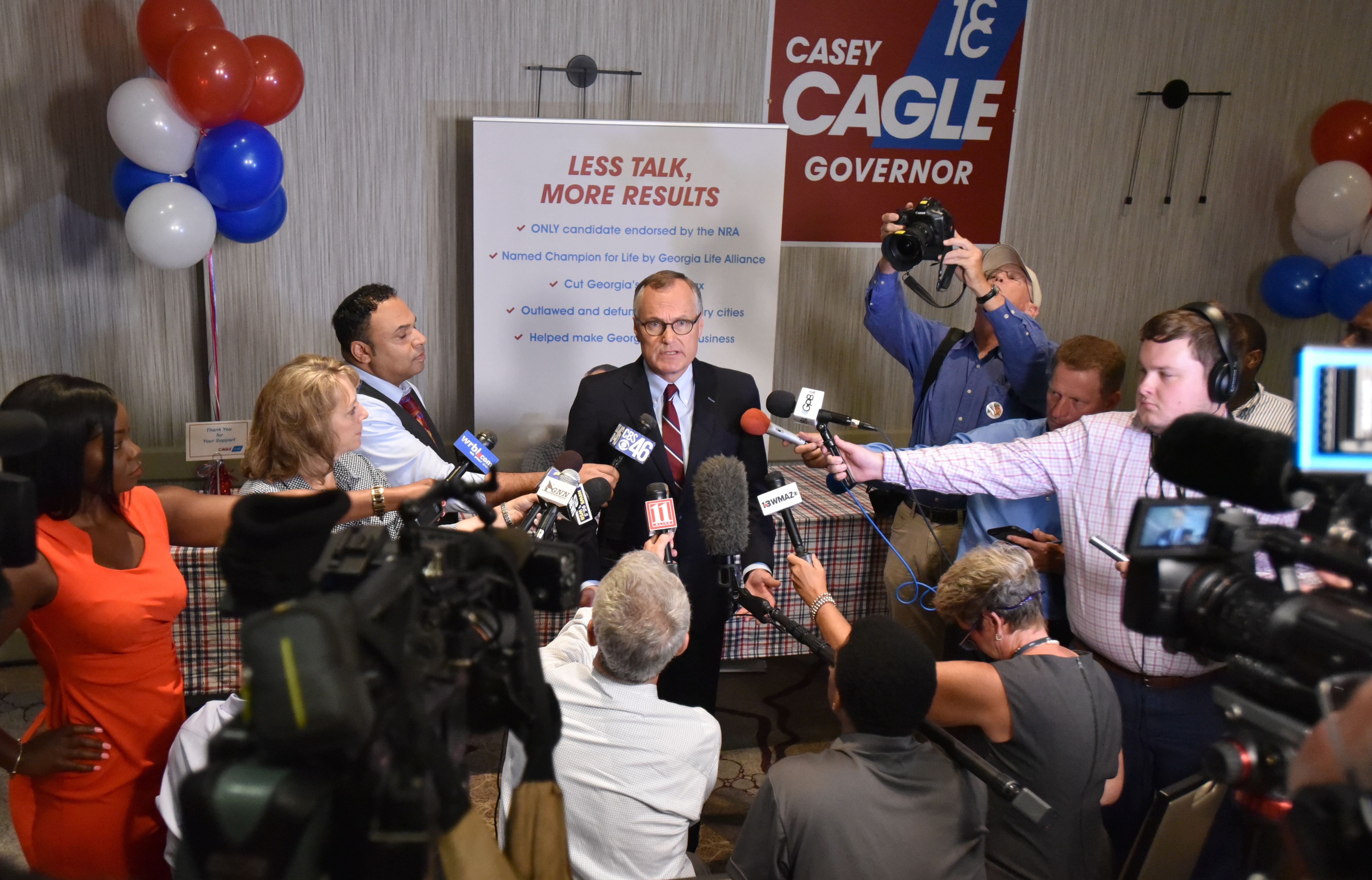 July 24, 2018 - Lt. Gov. Casey Cagle speaks to members of the press before his election night watch party at Atlanta Marriott Century Center on Tuesday, July 24, 2018. Republican Party voters can choose among the party's two finalists for governor, Lt. Gov. Casey Cagle and Secretary of State Brian Kemp. The winner will advance to the Nov. 6 general election against Democrat Stacey Abrams. HYOSUB SHIN / HSHIN@AJC.COM