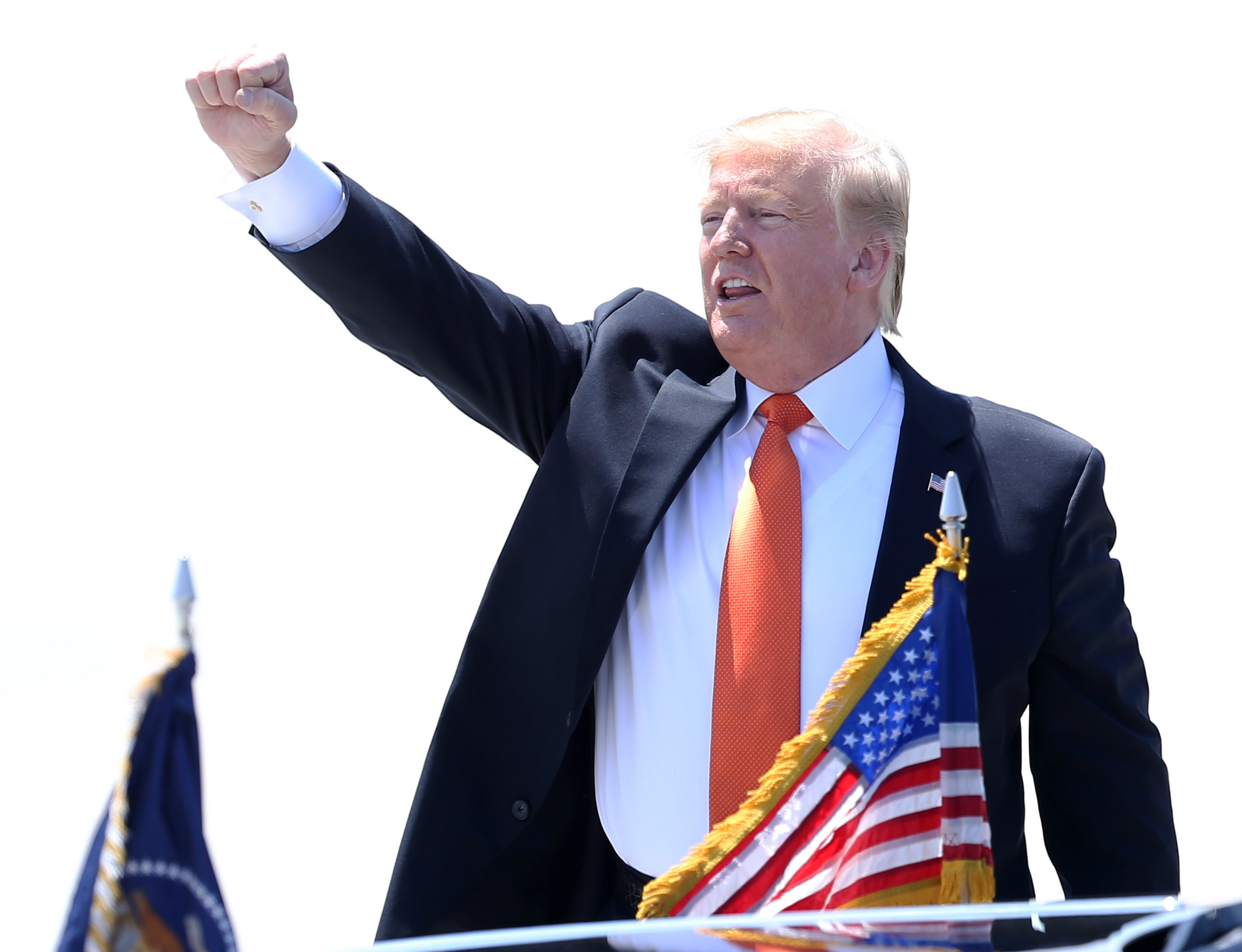 President Donald Trump yells to the crowd who was there to greet him at Hartsfield-Jackson Airport in Atlanta on Wednesday. For Trump's first visit to Georgia in 2019, he headlined the Rx Drug Abuse and Heroin Summit in Atlanta focusing on prescription drug abuse. EMILY HANEY / emily.haney@ajc.com