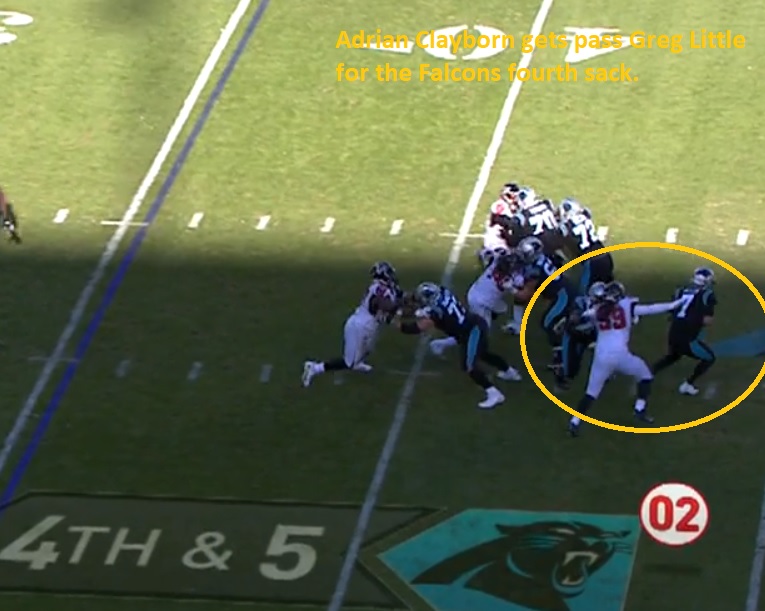 Falcons defensive end Adrian Clayborn had two sacks. He left the game late with a groin injury. (Screenshot of Fox Broadcast from gamepass.nfl.com)