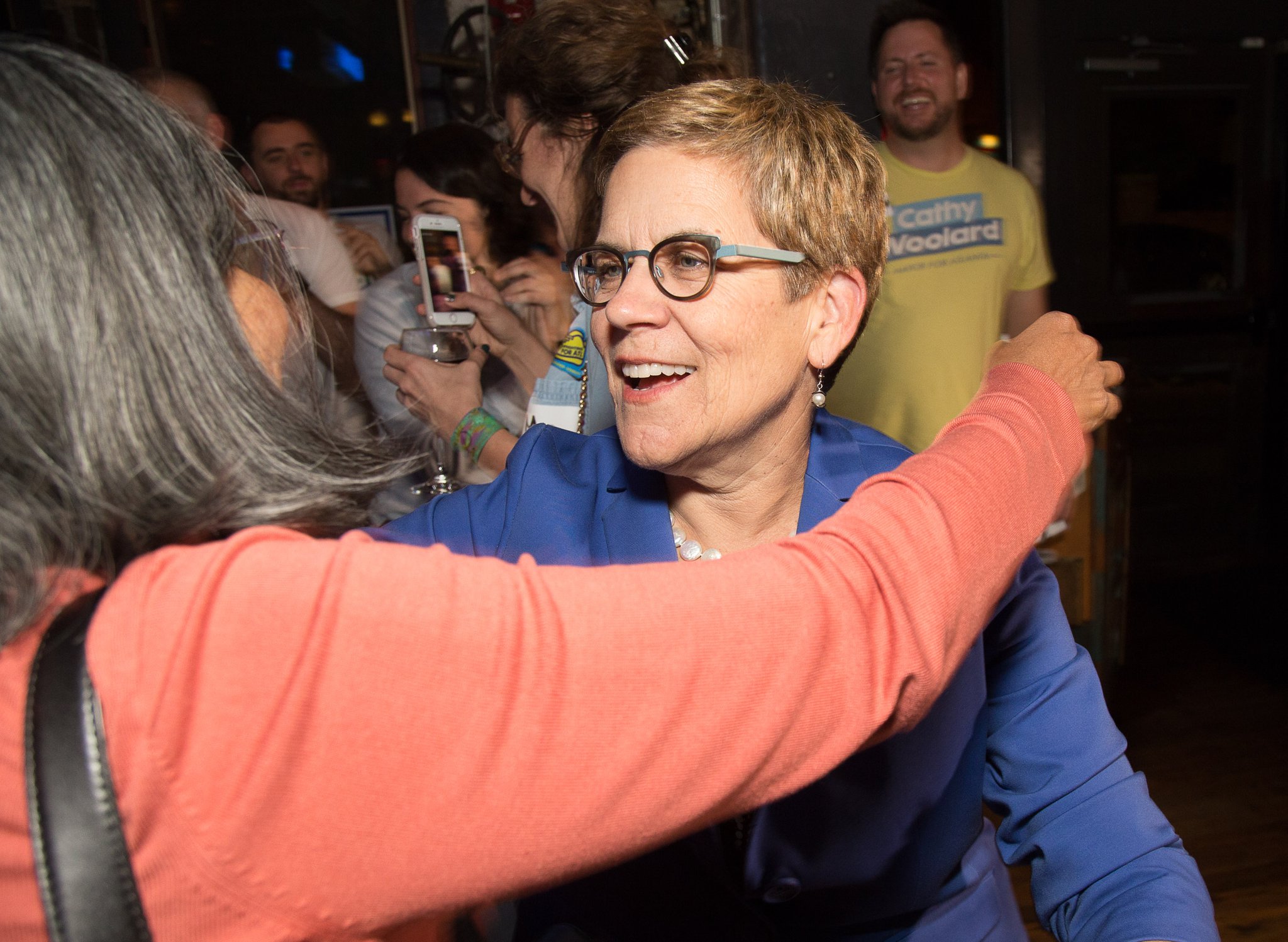 Cathy Woolard greets supporters while awaiting Atlanta mayoral election returns on November 7, 2017.