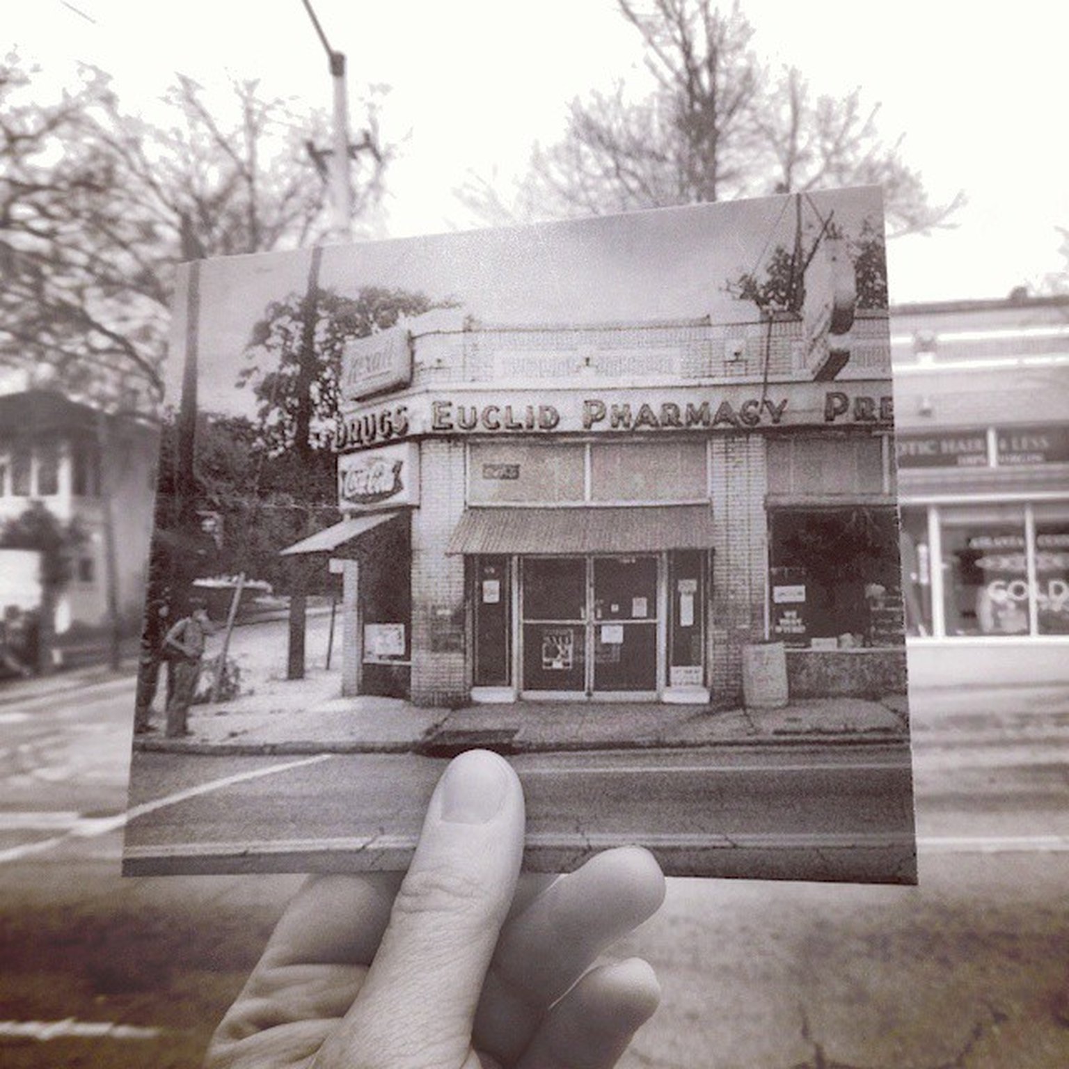 Christopher Moloney takes photos of movie stills set against the real-life scenery where they were shot. In 2014, Moloney moved to Atlanta and began to explore the city in the same way. This image shows the Euclid Avenue Pharmacy in Little Five Points. (Christopher Moloney. Used with permission)