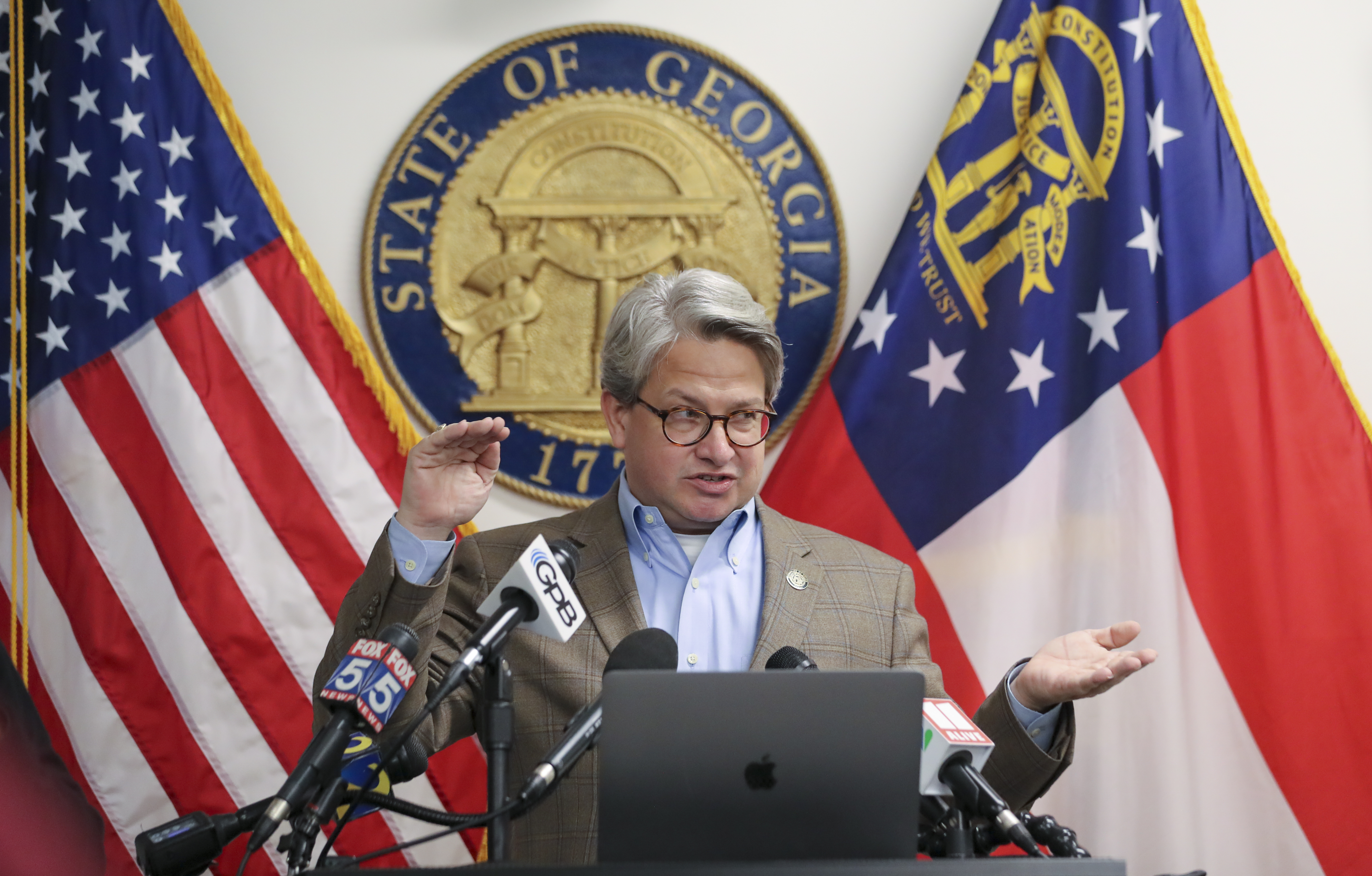 January 6, 2021 Atlanta: Gabriel Sterling, voting system manager in the Georgia secretary of state’s office addressed the press from GEMA Headquarters Wednesday, Jan. 6, 2021 brining up to date all the State’s election results from the U.S. Senatorial runoff. Georgia voters sent the pastor of Ebenezer Baptist Church to the U.S. Senate. The Rev. Raphael Warnock, senior shepherd of the same congregation once led by Martin Luther King Jr., will become the first elected Black Democratic senator – not just from Georgia, but from the entire South. Democrat Jon Ossoff claimed victory over Republican incumbent David Perdue in his Senate race. He would become the second Jewish candidate to win a statewide race in modern Georgia -- and the youngest since Joe Biden was elected to the Senate in 1972. (Sam Nunn, elected that same cycle, was 34). (John Spink / John.Spink@ajc.com)