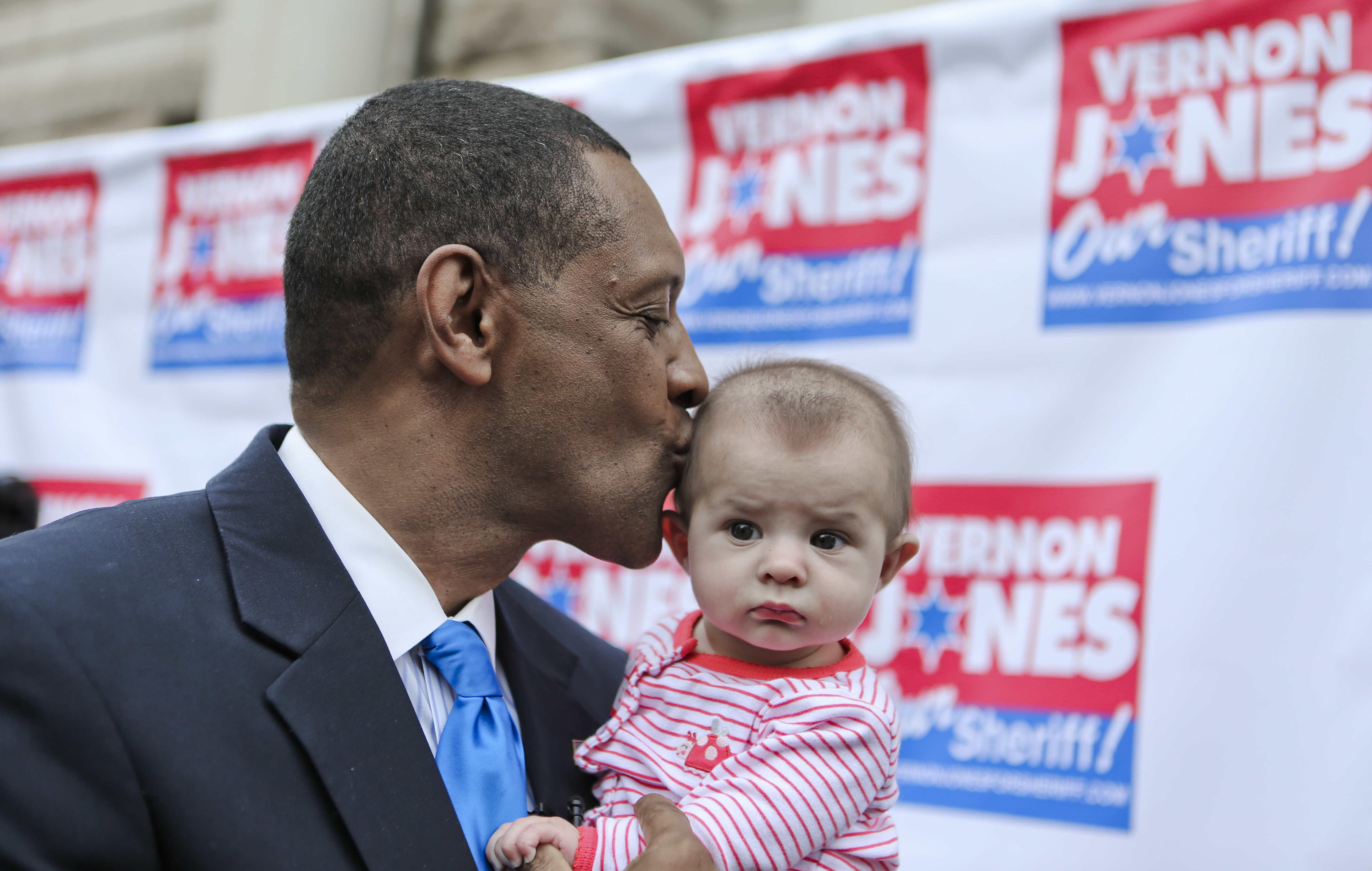 Former DeKalb County CEO engaged in a campaign tradition when he kicked off his campaign for sheriff in February. Jones, who has never been a sworn law enforcement officer, joined seven other candidates vying for the post that is wide-open after Sheriff Tom Brown left to run the office to run for congress. JOHN SPINK/JSPINK@AJC.COM