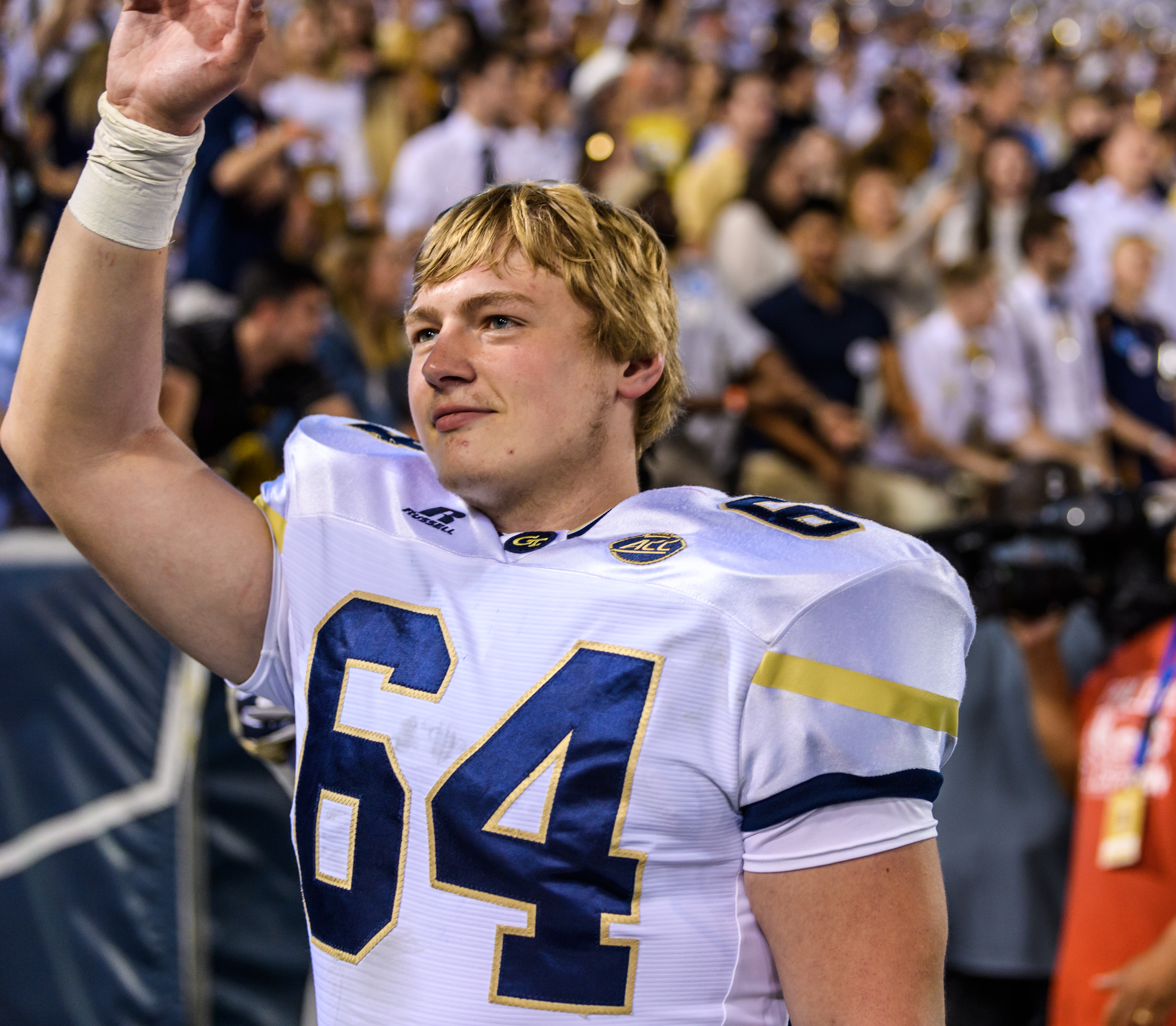 Georgia Tech senior walk-on Cheyenne Hunt encountered some bad luck this week. In five seasons with the team, Hunt had never so much as missed a single practice, but turned his ankle in a weight-room exercise on Monday and was on crutches. Hunt joked that he jinxed himself because he had recently informed offensive-line coach Mike Sewak of his streak. (Danny Karnik/Georgia Tech Athletics)