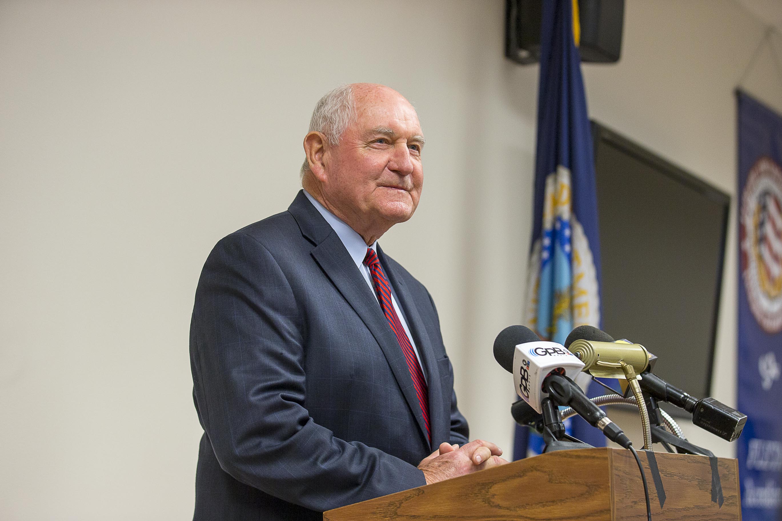 United States Secretary of Agriculture Sonny Perdue speaks with media during a presser following a tour of the U.S. Department of Agriculture's National Detector Dog Training Facility in Newnan, Friday, April 5, 2019. (ALYSSA POINTER/ALYSSA.POINTER@AJC.COM)