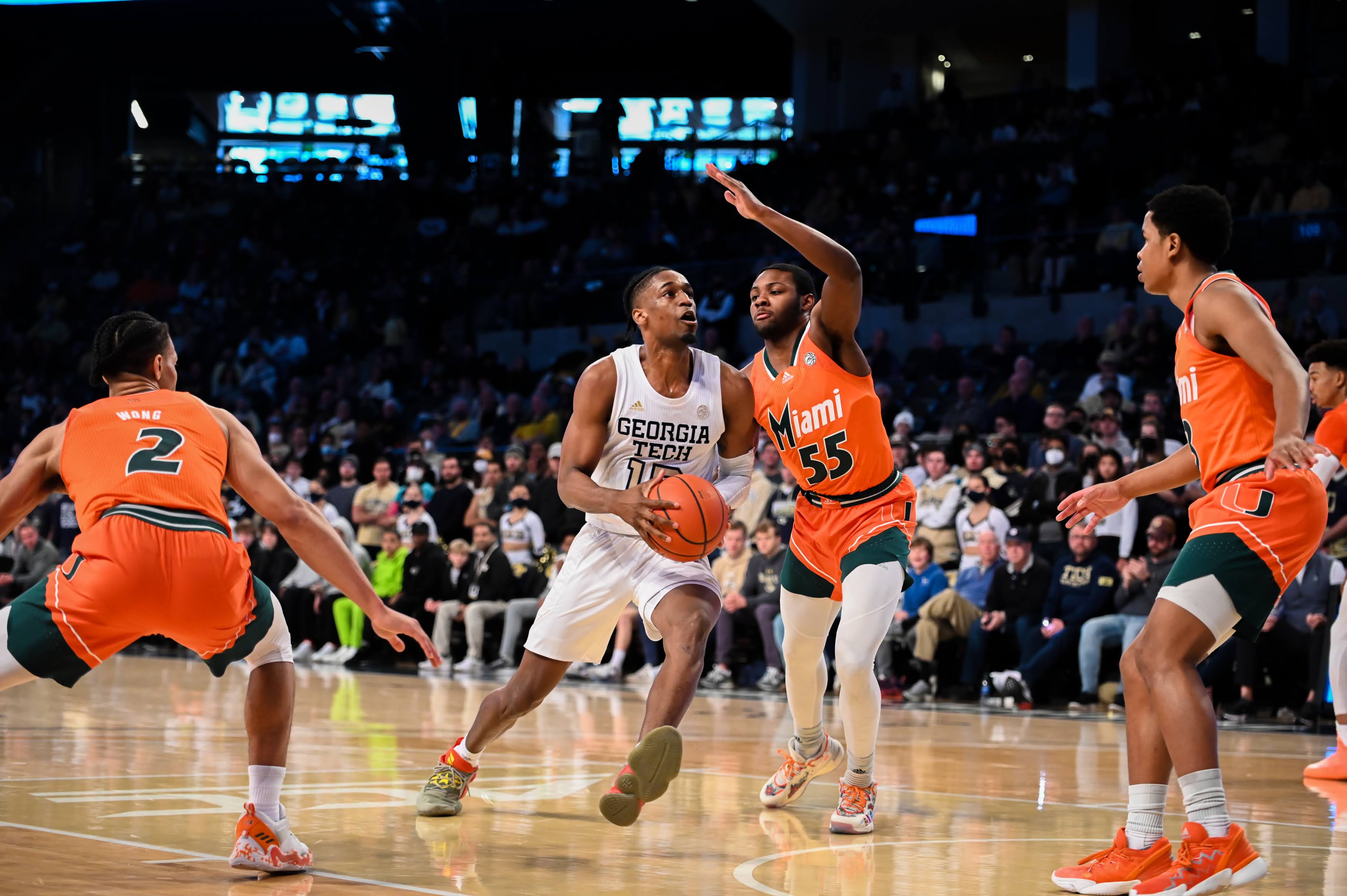 Georgia Tech forward Khalid Moore drives to the basket in the Yellow Jackets' loss to Miami Jan. 29, 2022 at McCamish Pavilion. (Anthony McClellan/Georgia Tech Athletics)